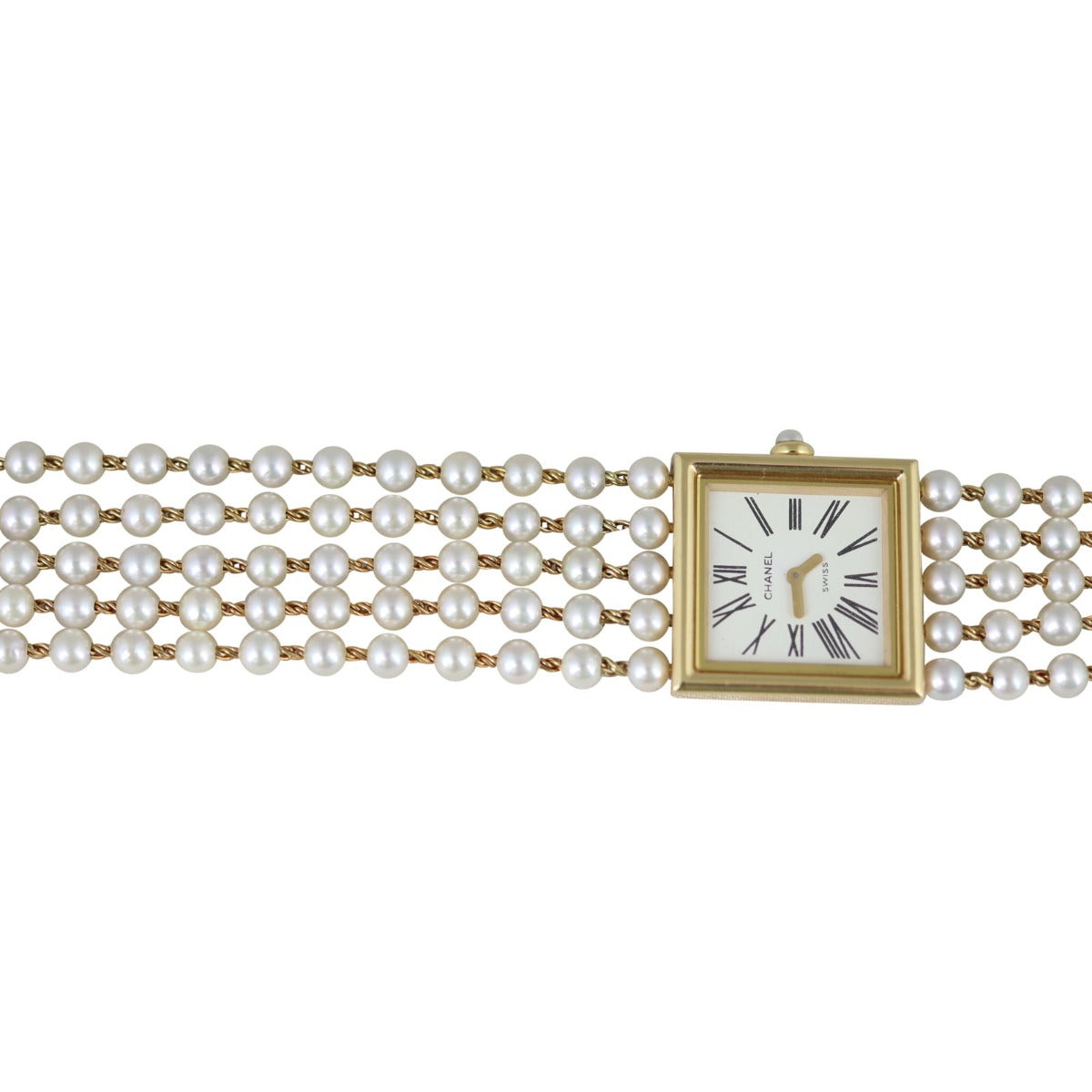 Chanel Mademoiselle Akoya Pearl and Gold Watch Front Closeup