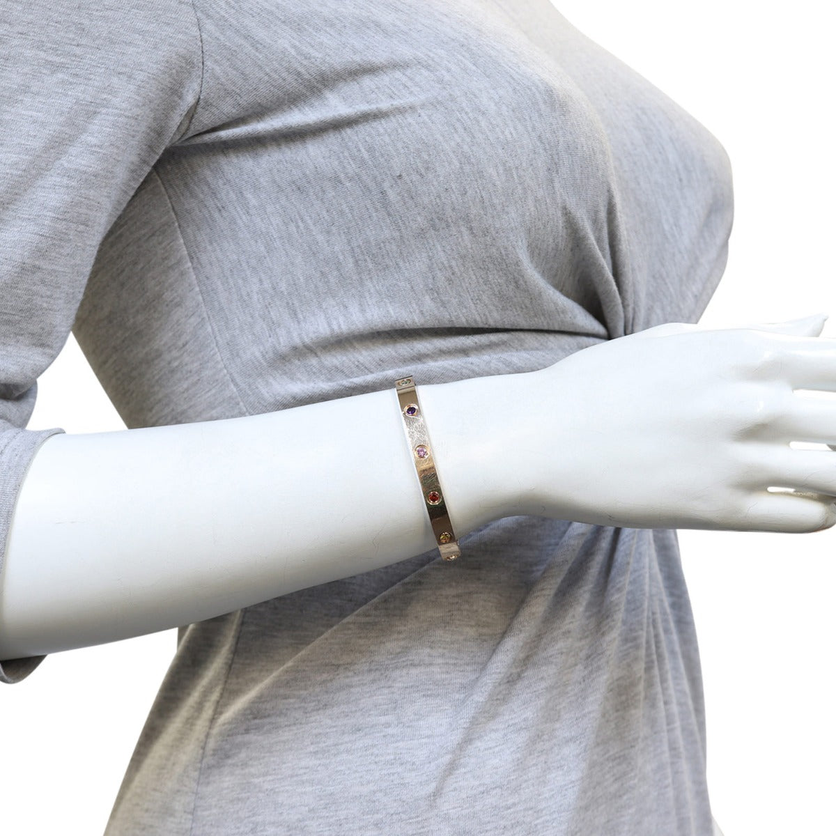 Cartier Love Bracelet 18k Rose Gold Sapphire Garnet and Amethyst Mannequin