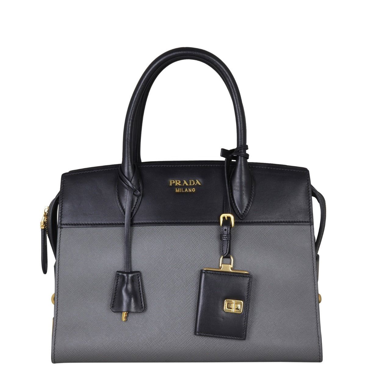 Prada Saffiano City Calf Esplanade Medium (dark grey and black) Front 