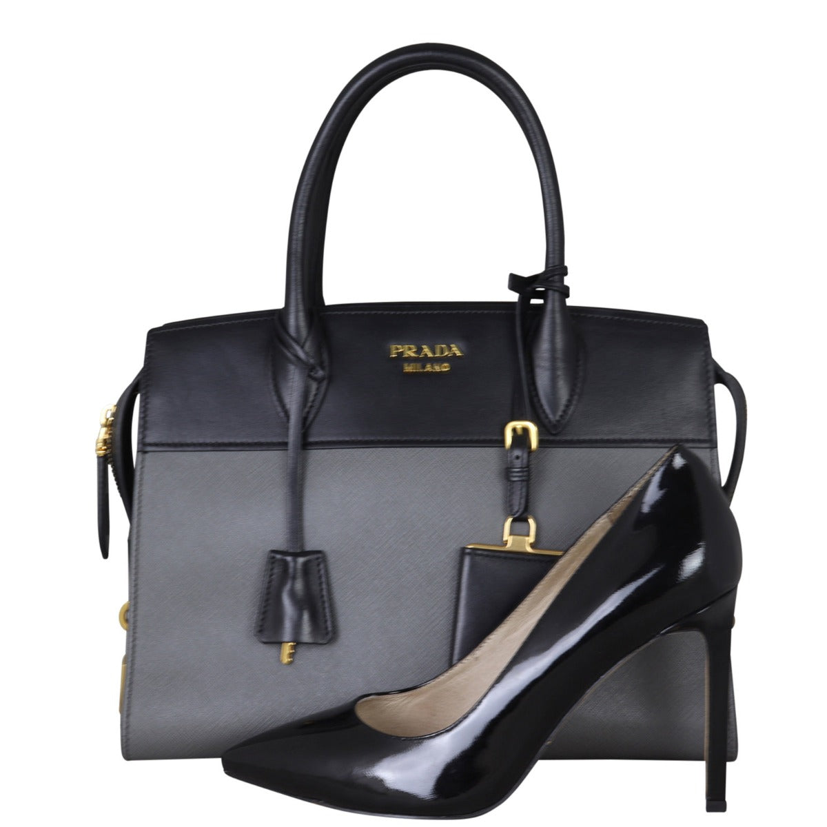 Prada Saffiano City Calf Esplanade Medium (dark grey and black) Shoe