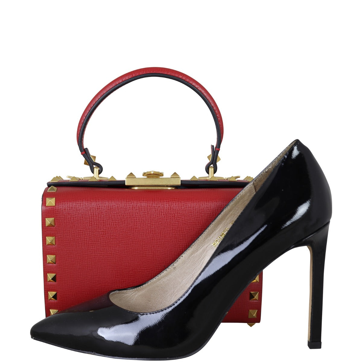 Valentino Rockstud Alcove Box Bag Front with shoe