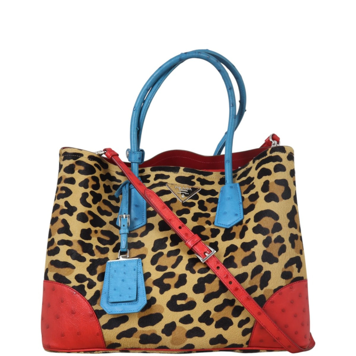 Prada Calf Hair Ostrich Leopard Double Bag Large