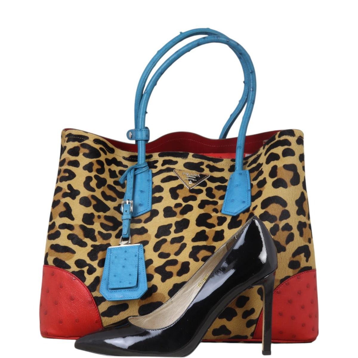Prada Calf Hair Ostrich Leopard Double Bag Large