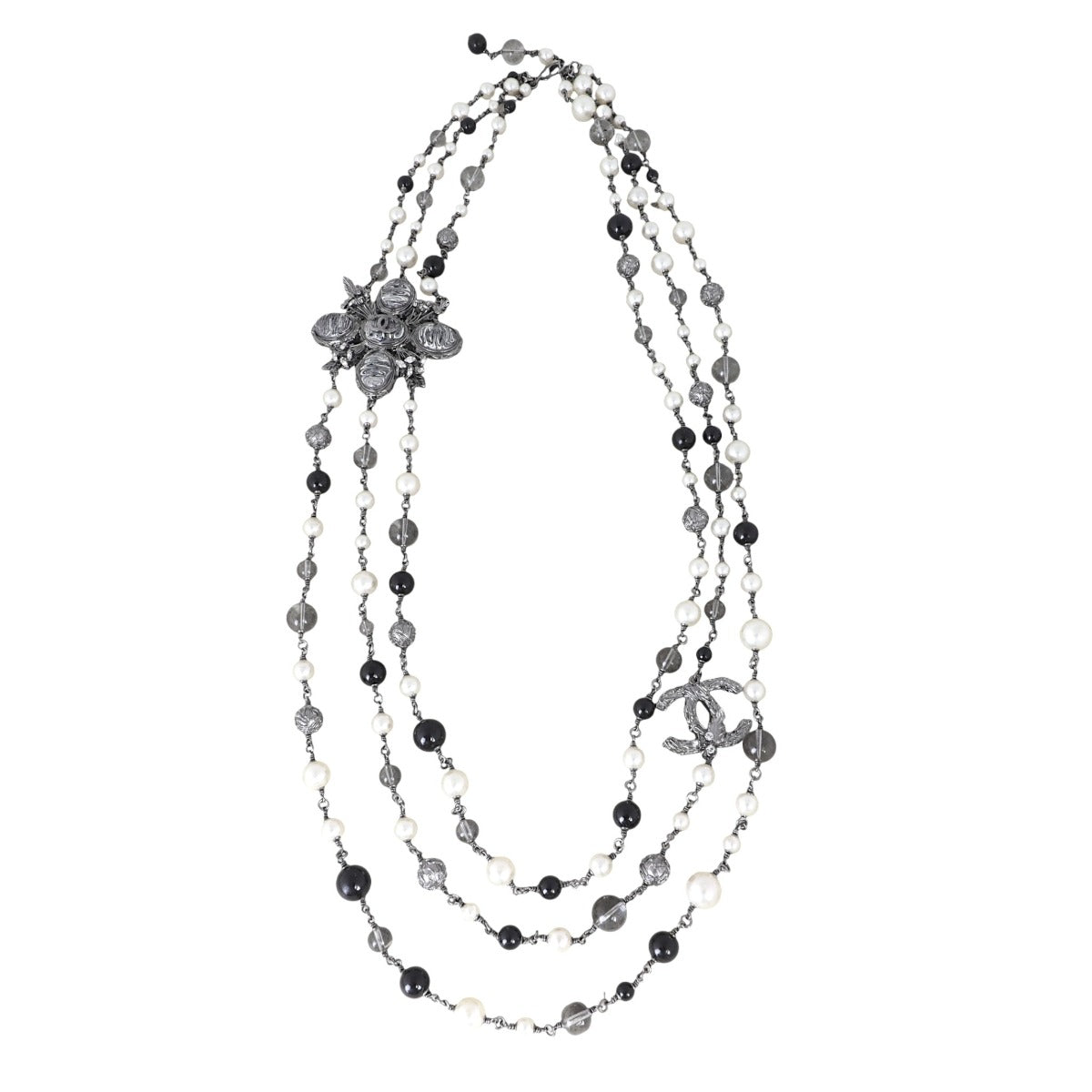 Chanel CC Pearl Bead Marble Resin Multi Strand Long Necklace