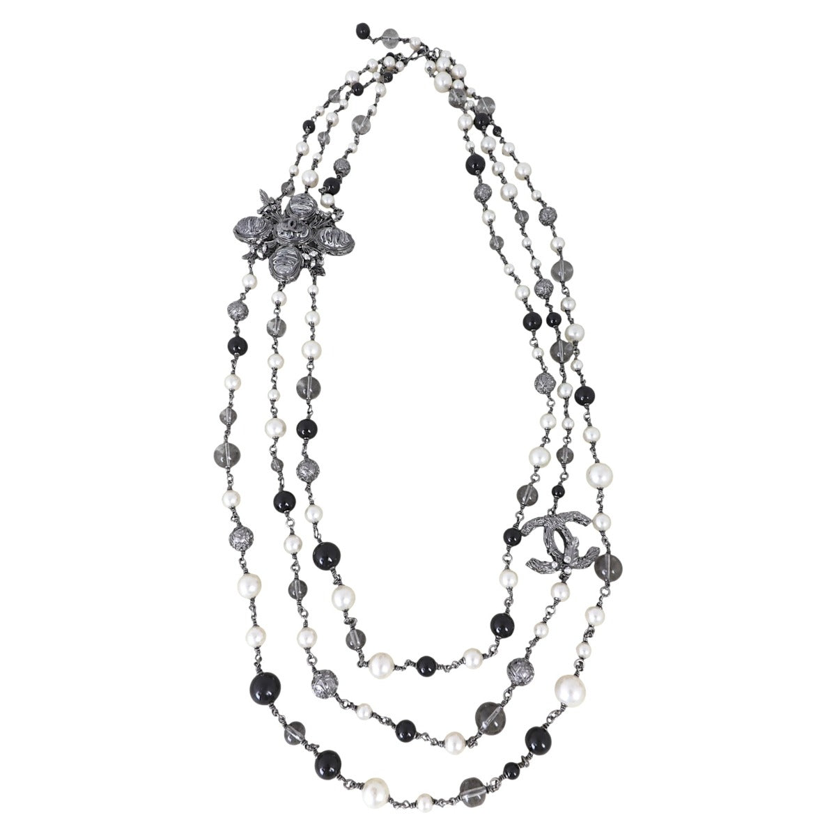 Chanel CC Pearl Bead Marble Resin Multi Strand Long Necklace