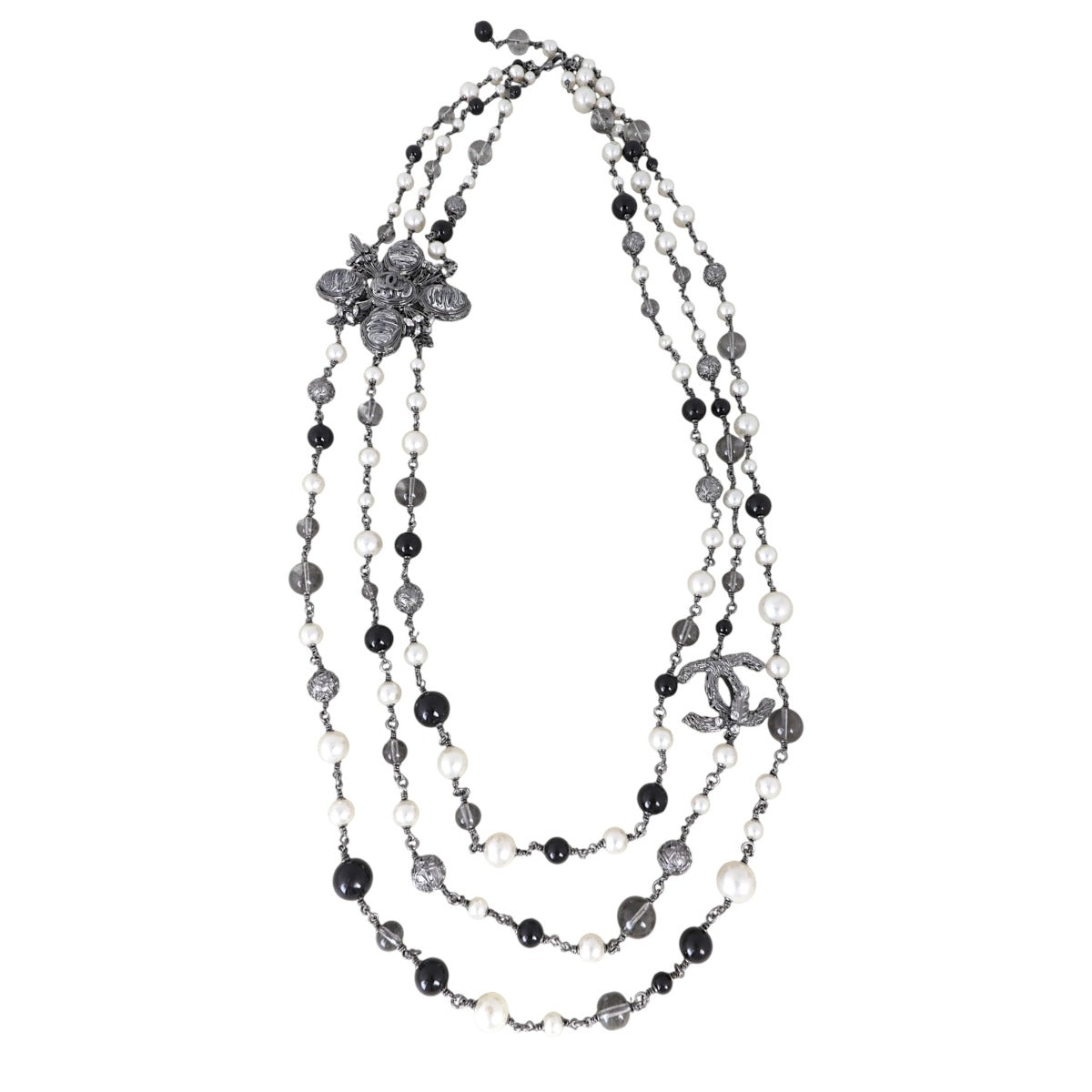 Chanel CC Pearl Bead Marble Resin Multi Strand Long Necklace