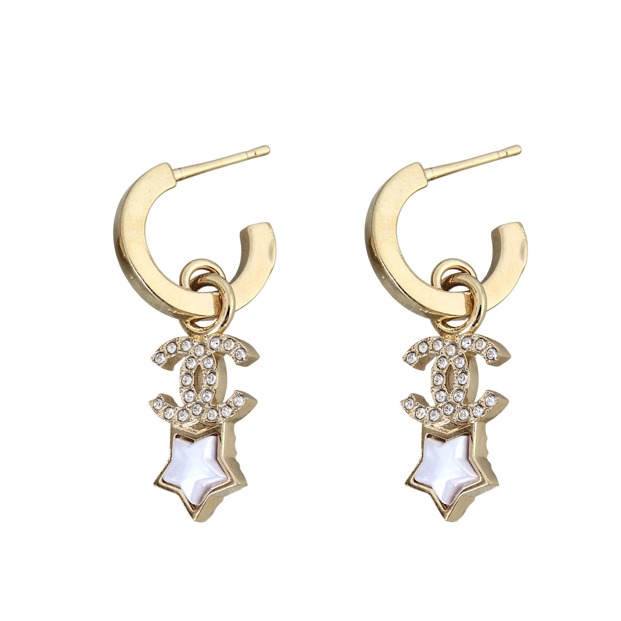Chanel Crystal CC Star Hoop Earrings