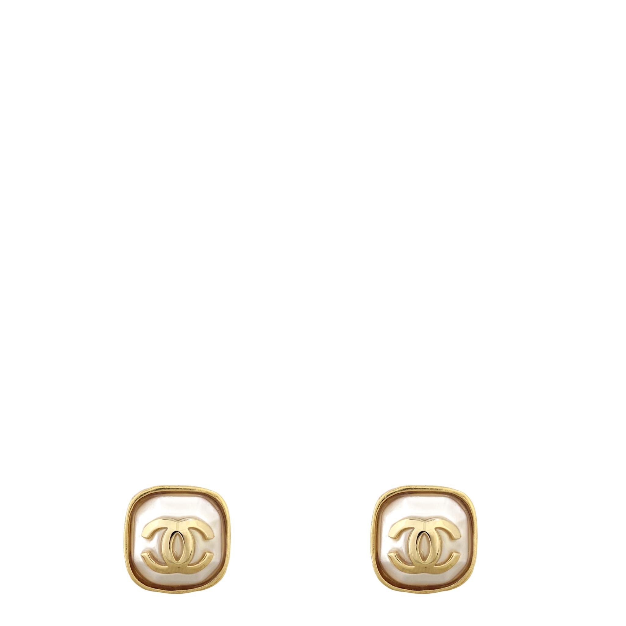 Chanel Square CC Pearl Resin Stud Earrings