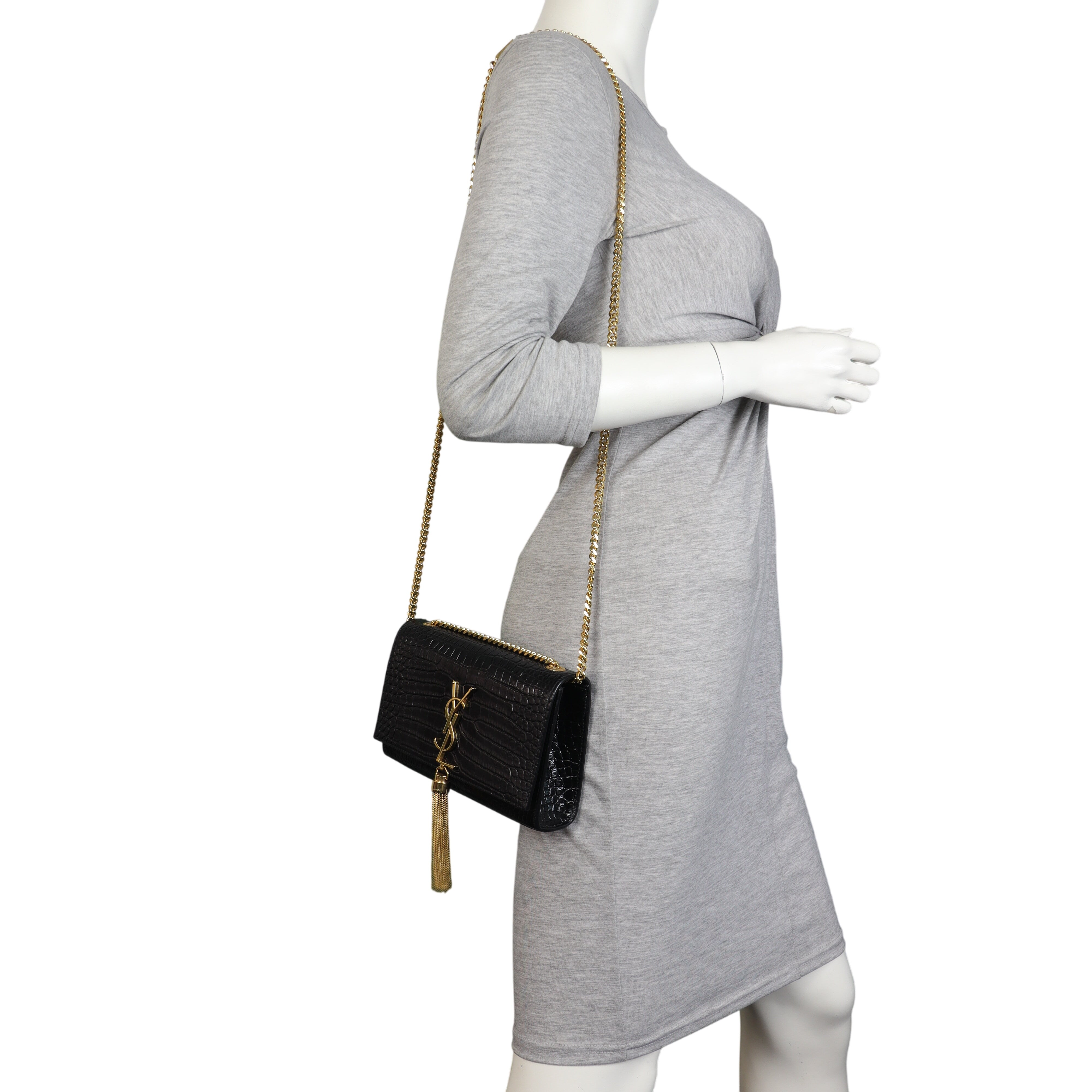 Saint Laurent Kate Tassel Chain Bag Small Croc-Embossed