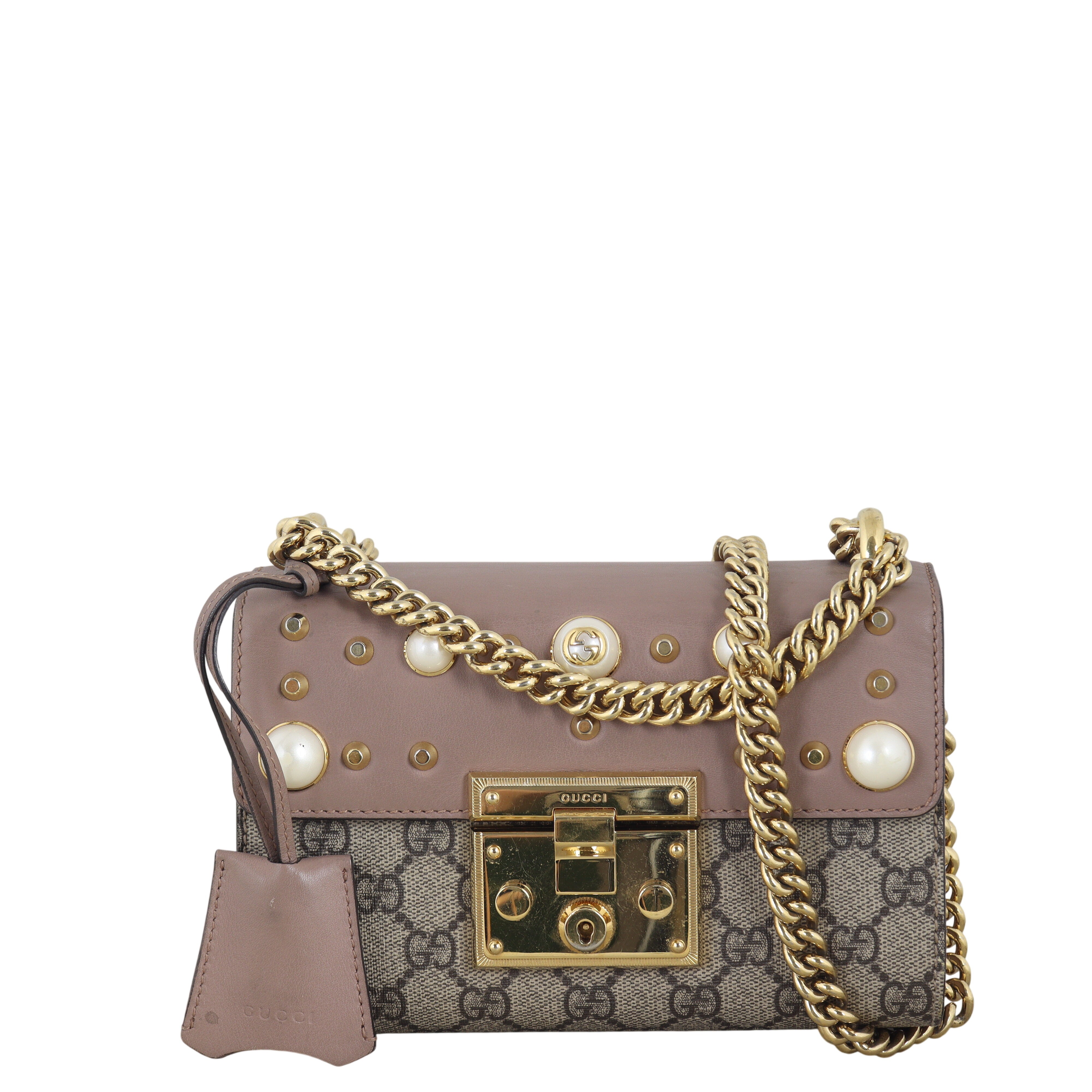 Gucci GG Supreme Padlock Small Shoulder Bag Pearl Studs