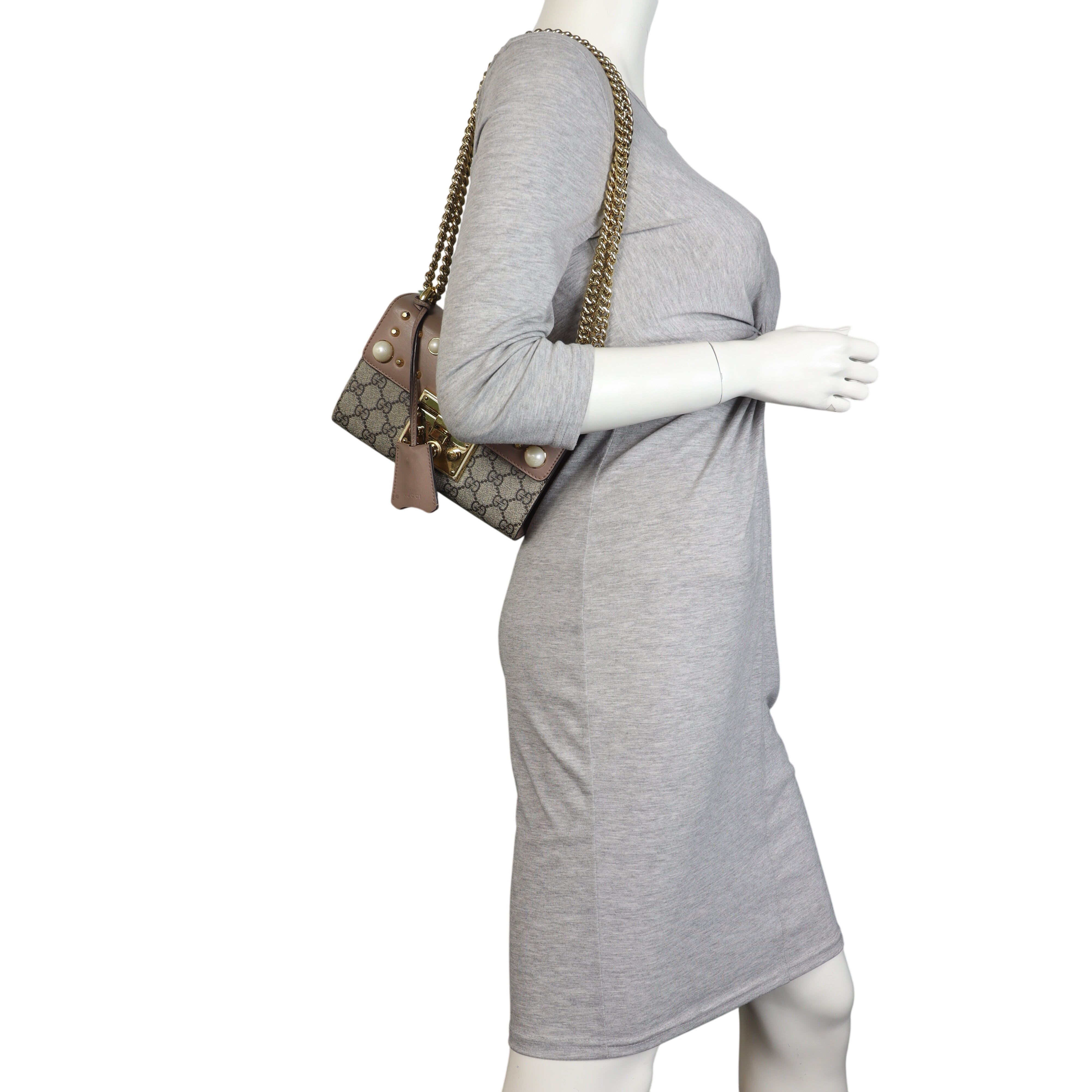 Gucci GG Supreme Padlock Small Shoulder Bag Pearl Studs