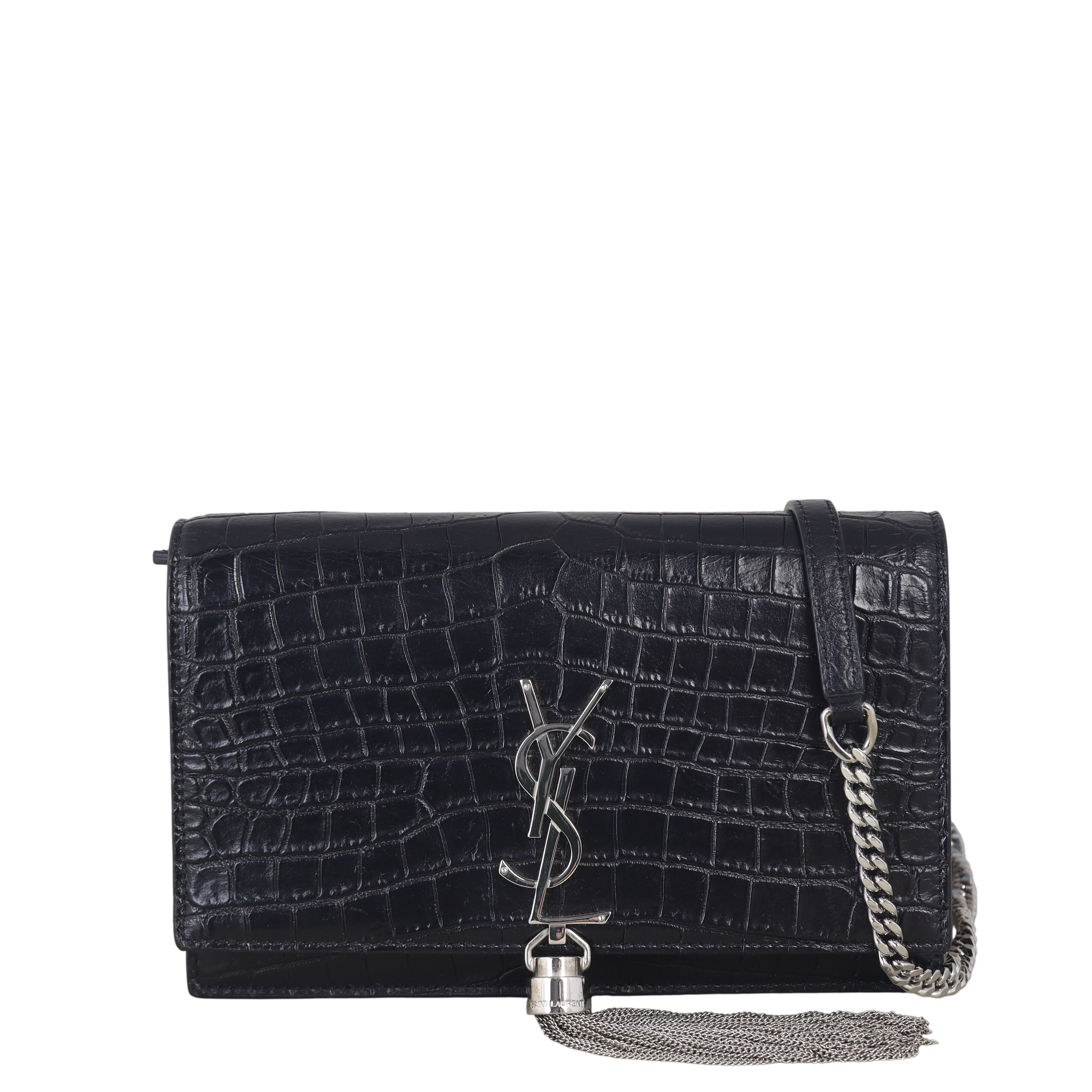 Saint Laurent Kate Tassel Chain Wallet Croc-Embossed