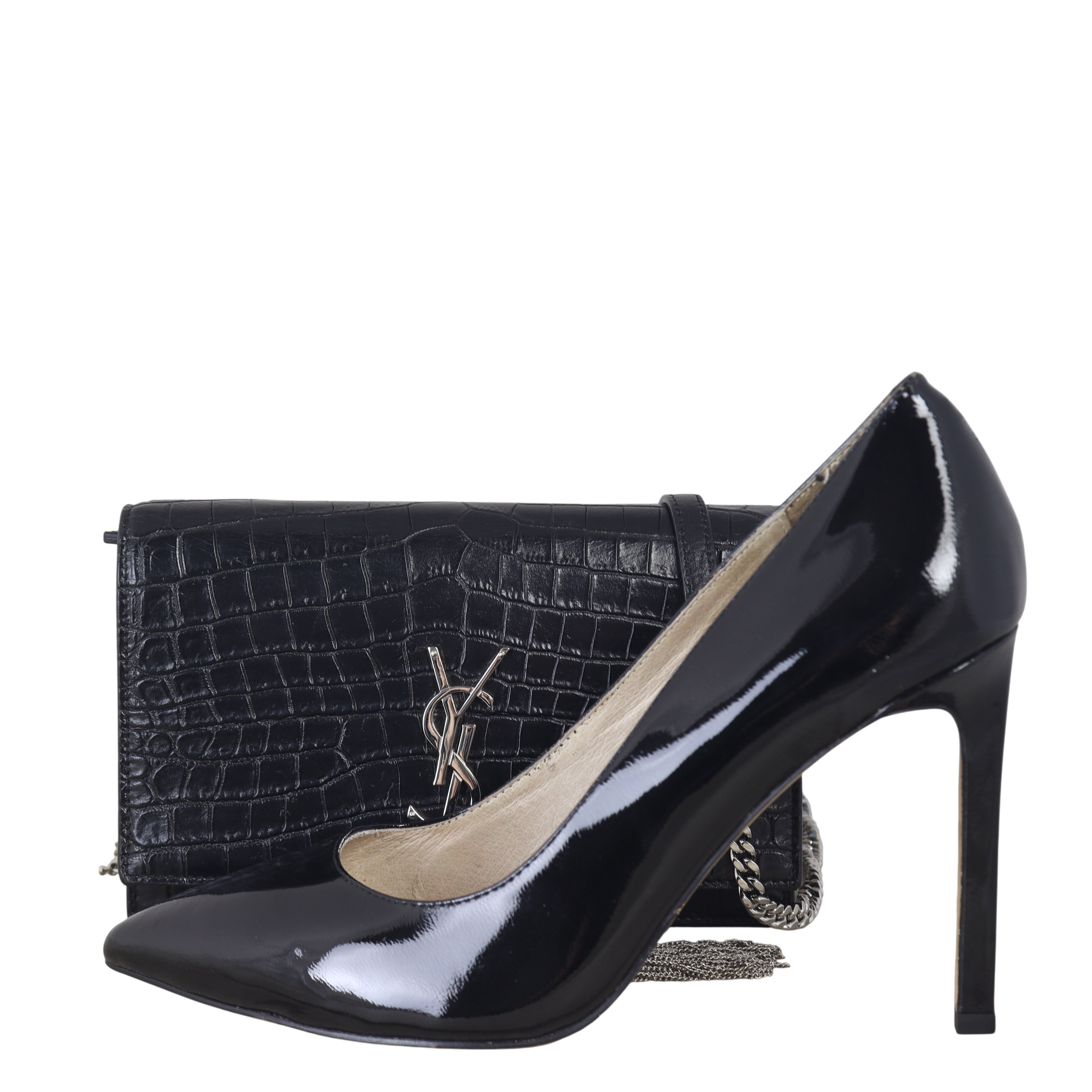 Saint Laurent Kate Tassel Chain Wallet Croc-Embossed