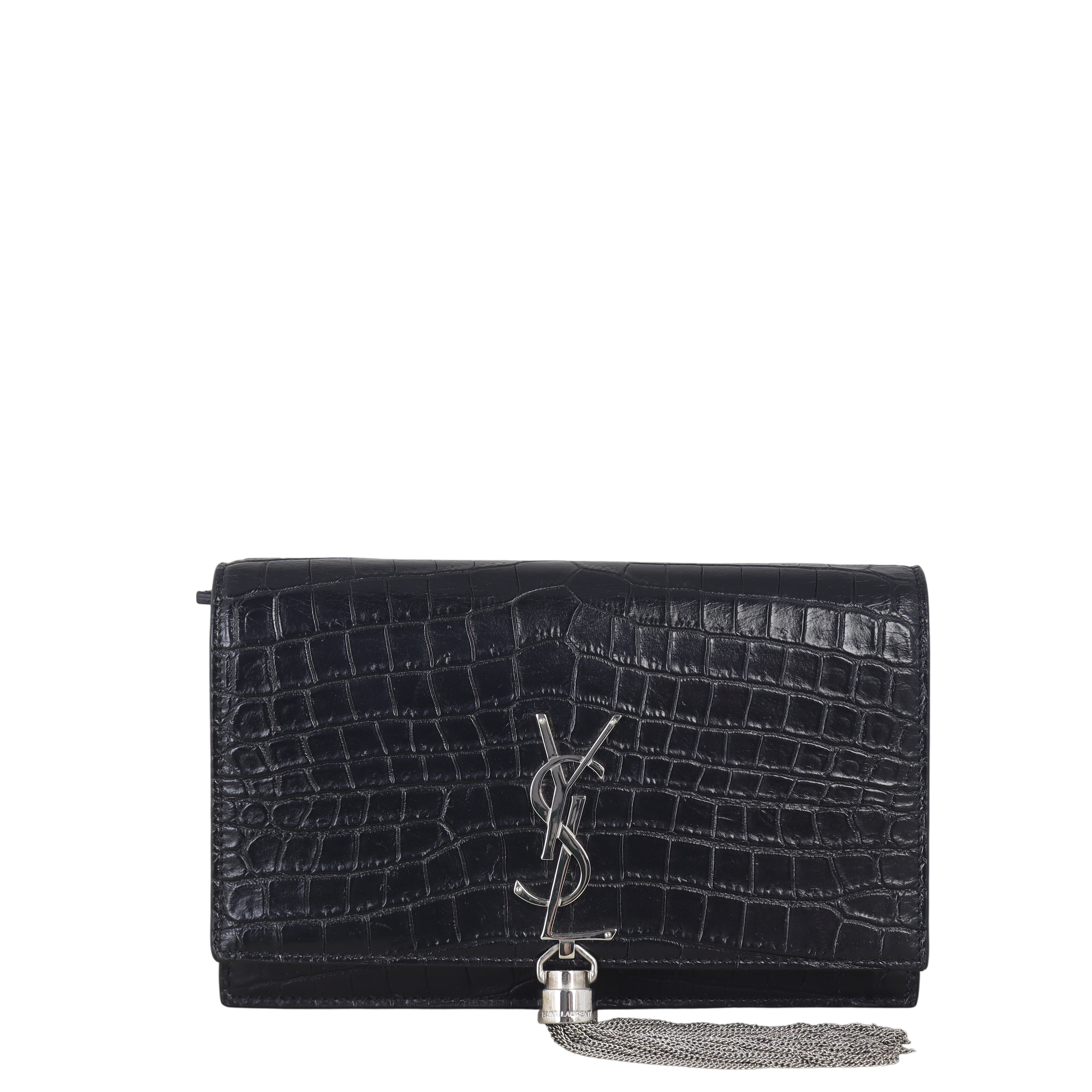 Saint Laurent Kate Tassel Chain Wallet Croc-Embossed