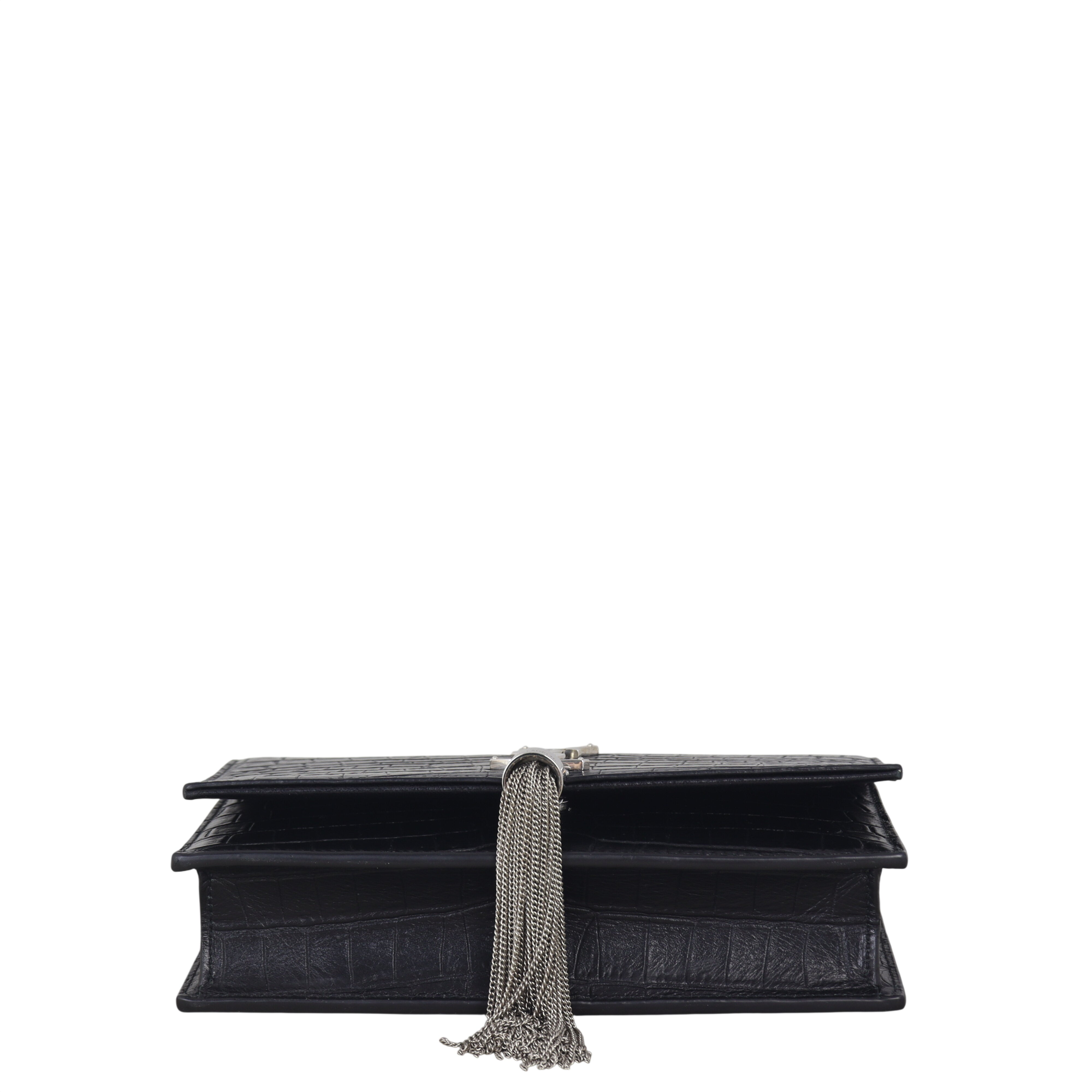 Saint Laurent Kate Tassel Chain Wallet Croc-Embossed