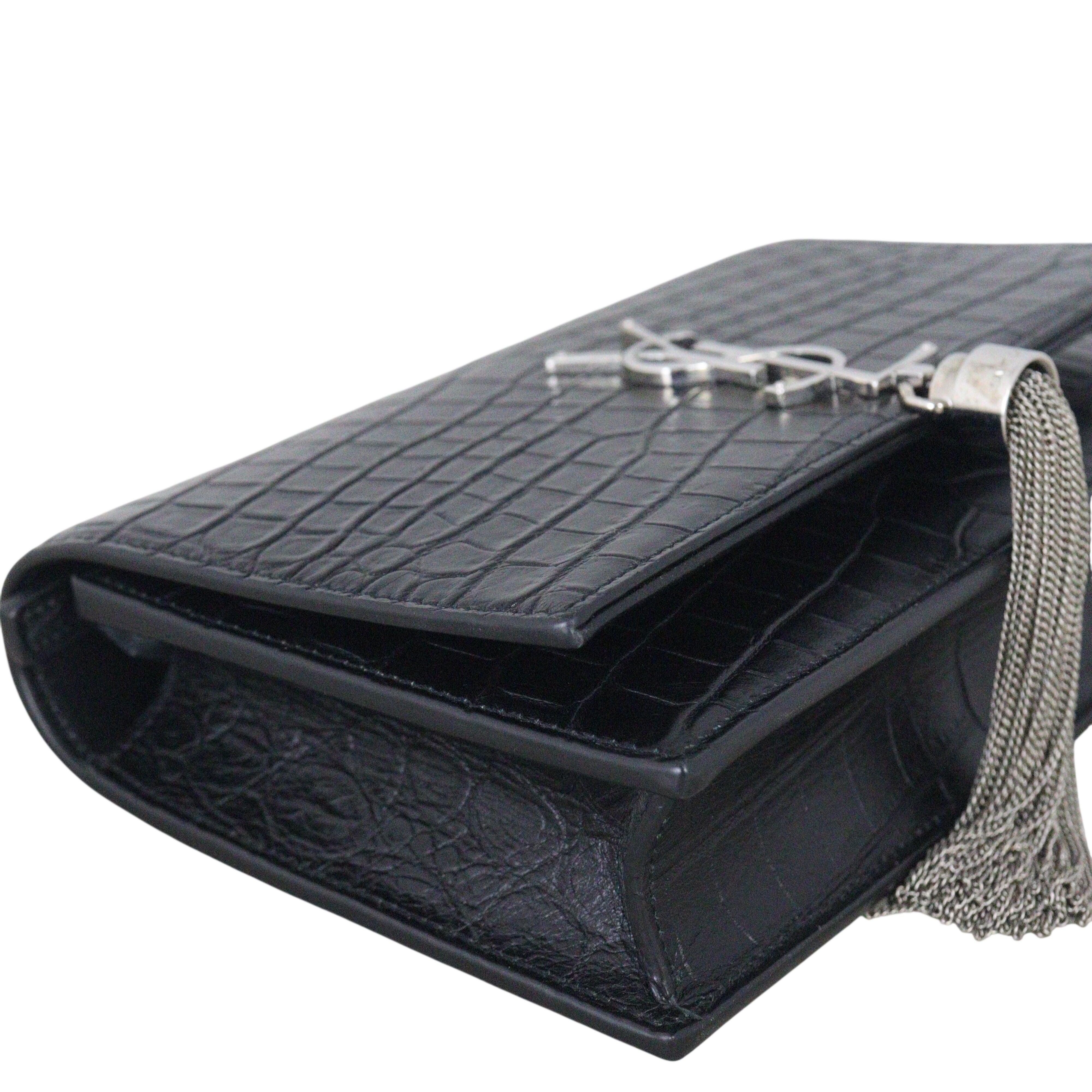 Saint Laurent Kate Tassel Chain Wallet Croc-Embossed
