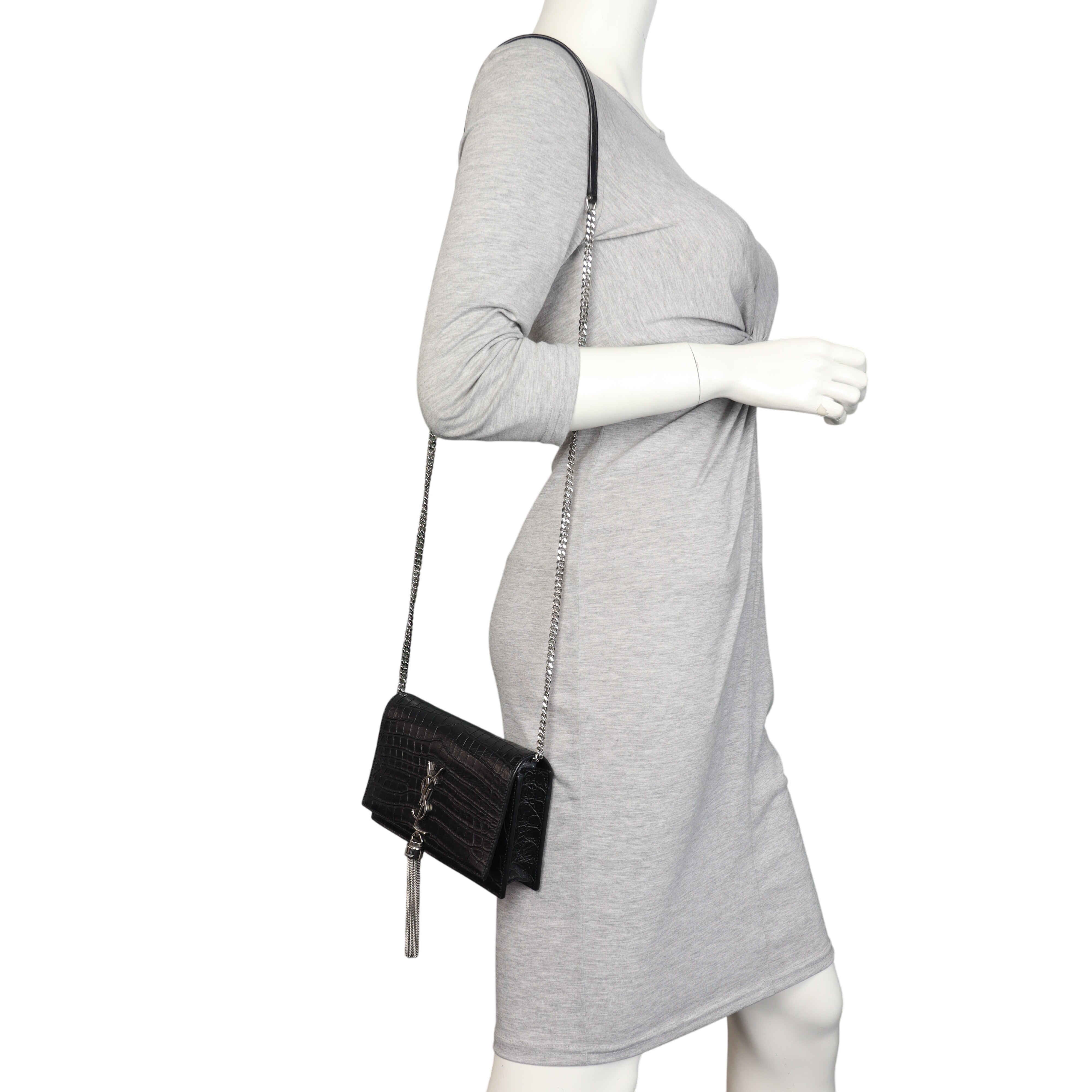 Saint Laurent Kate Tassel Chain Wallet Croc-Embossed