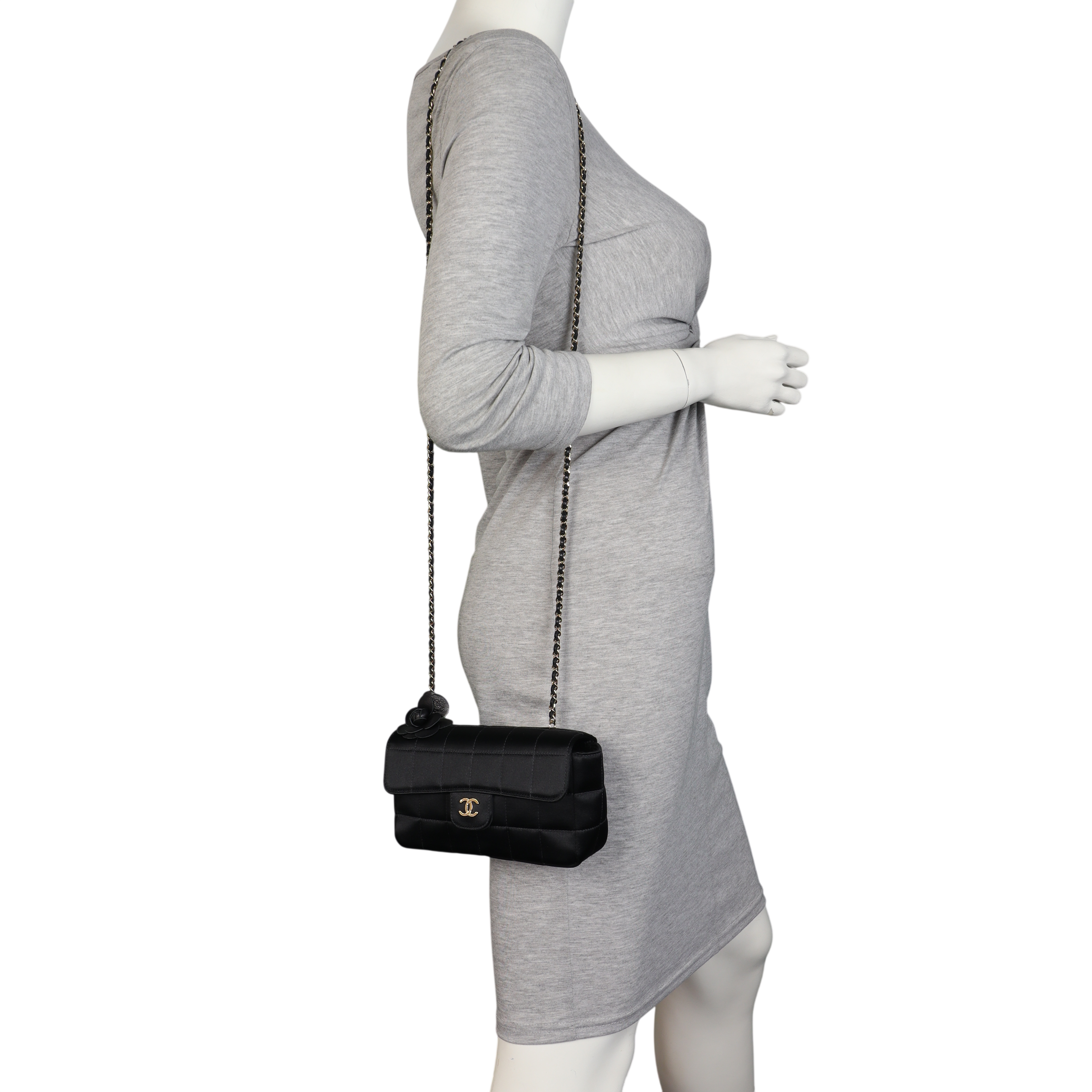 Chanel Camellia Satin Chocolate Bar Flap Bag Mini