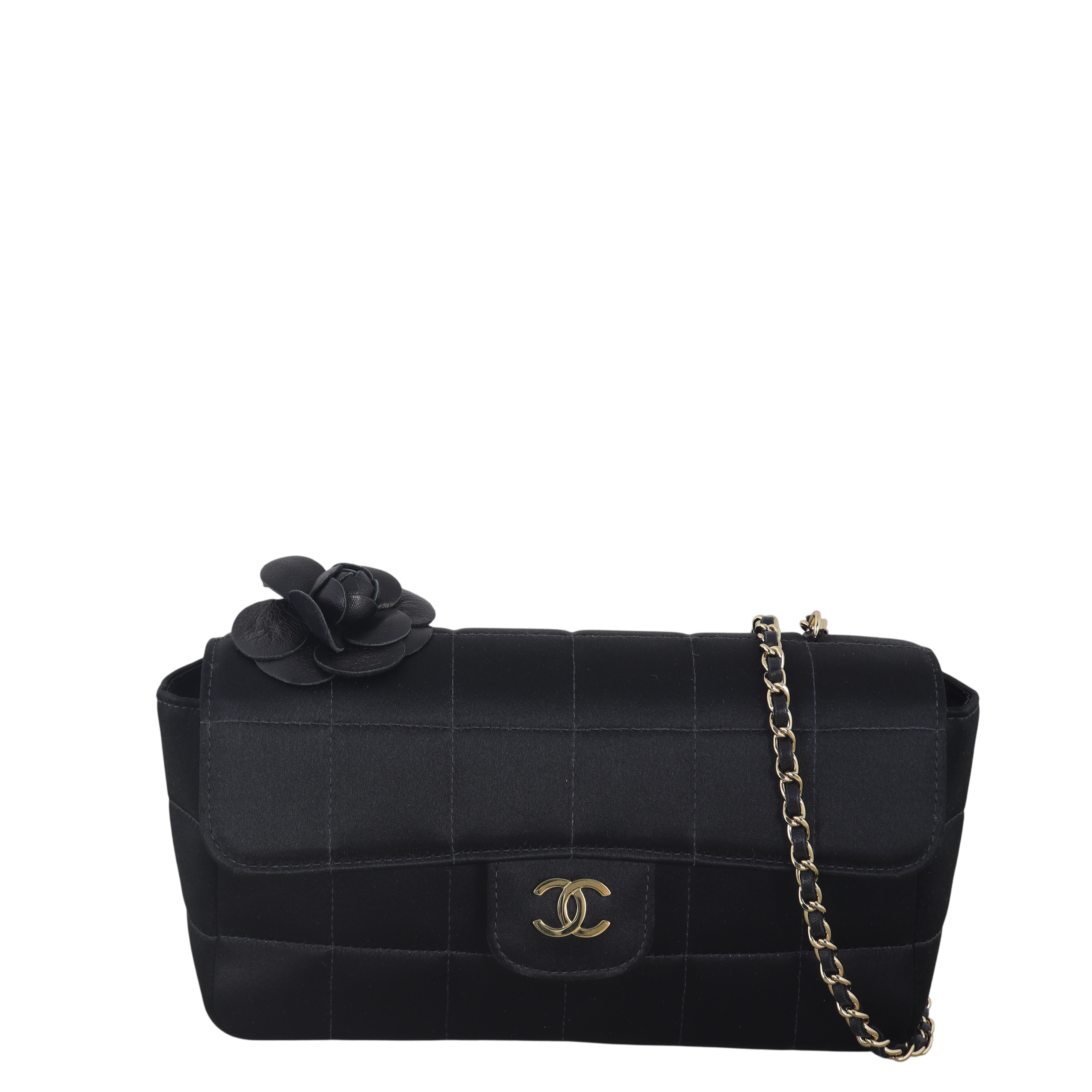 Chanel Camellia Satin Chocolate Bar Flap Bag Mini