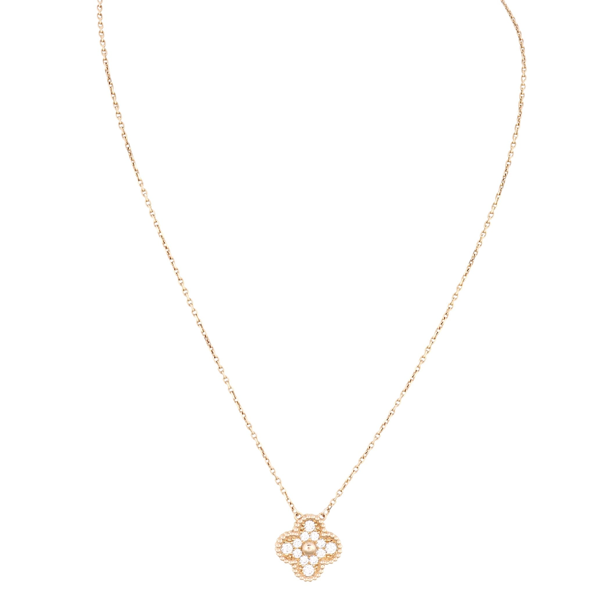 Van Cleef & Arpels Vintage Alhambra Diamond 18k Rose Gold Pendant Necklace