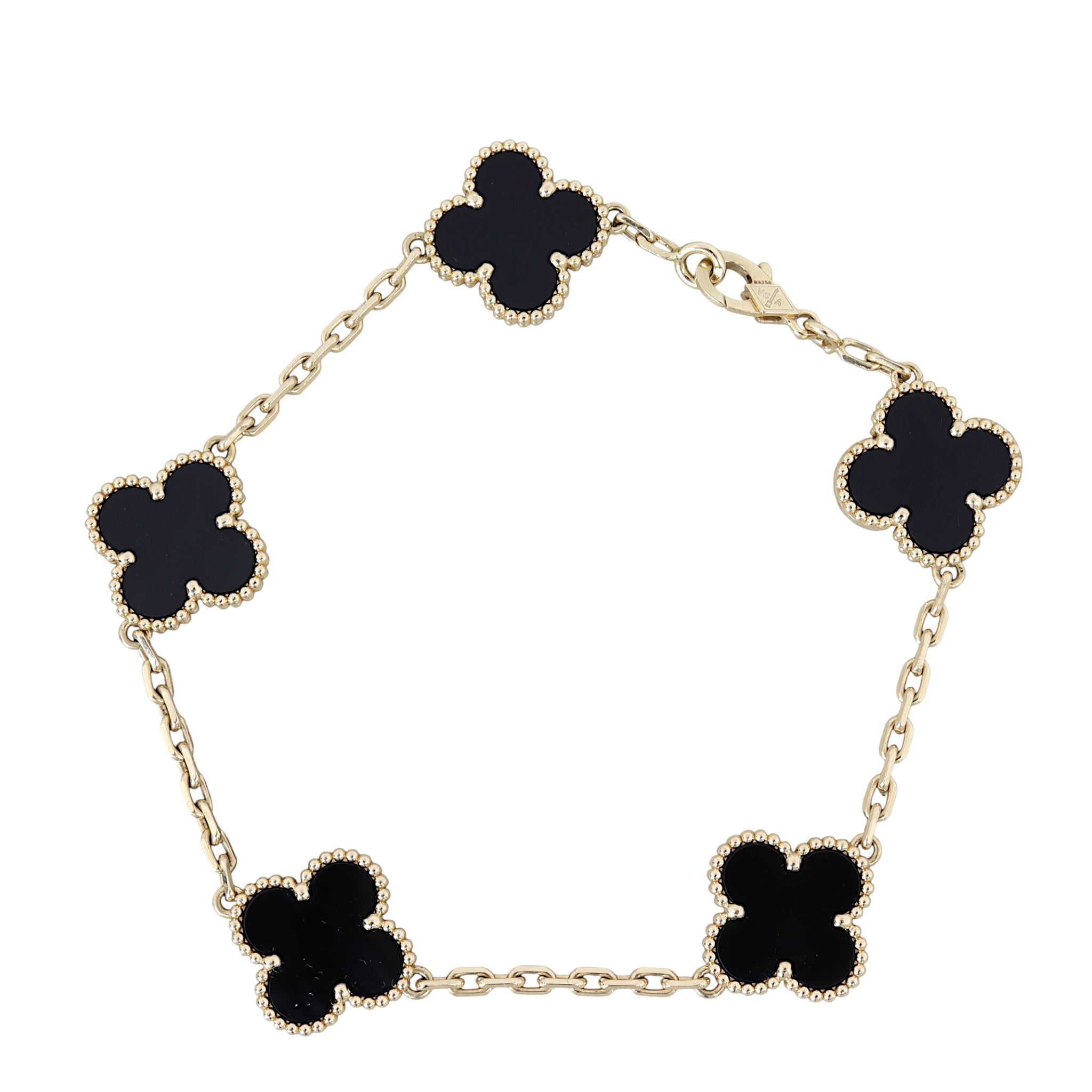 Van Cleef & Arpels Vintage Alhambra 5 Motif Onyx 18k Yellow Gold Bracelet