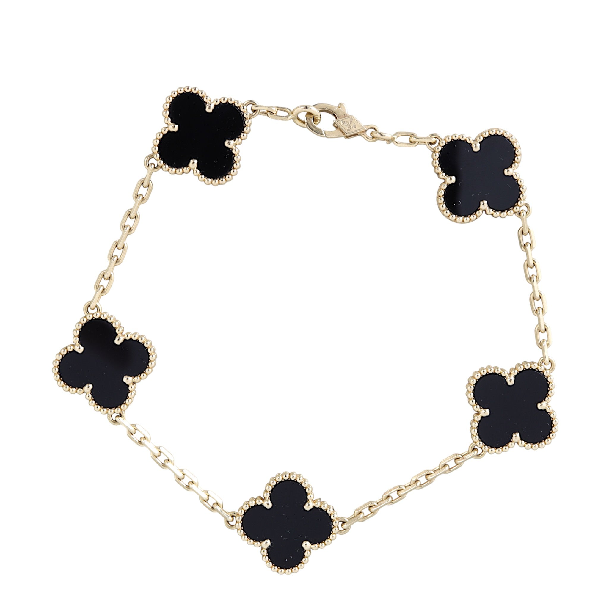 Van Cleef & Arpels Vintage Alhambra 5 Motif Onyx 18k Yellow Gold Bracelet