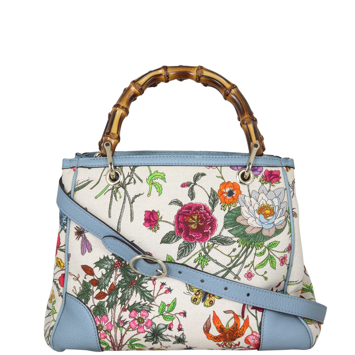 Gucci Bamboo Handle Floral Canvas Tote Front with Strap
