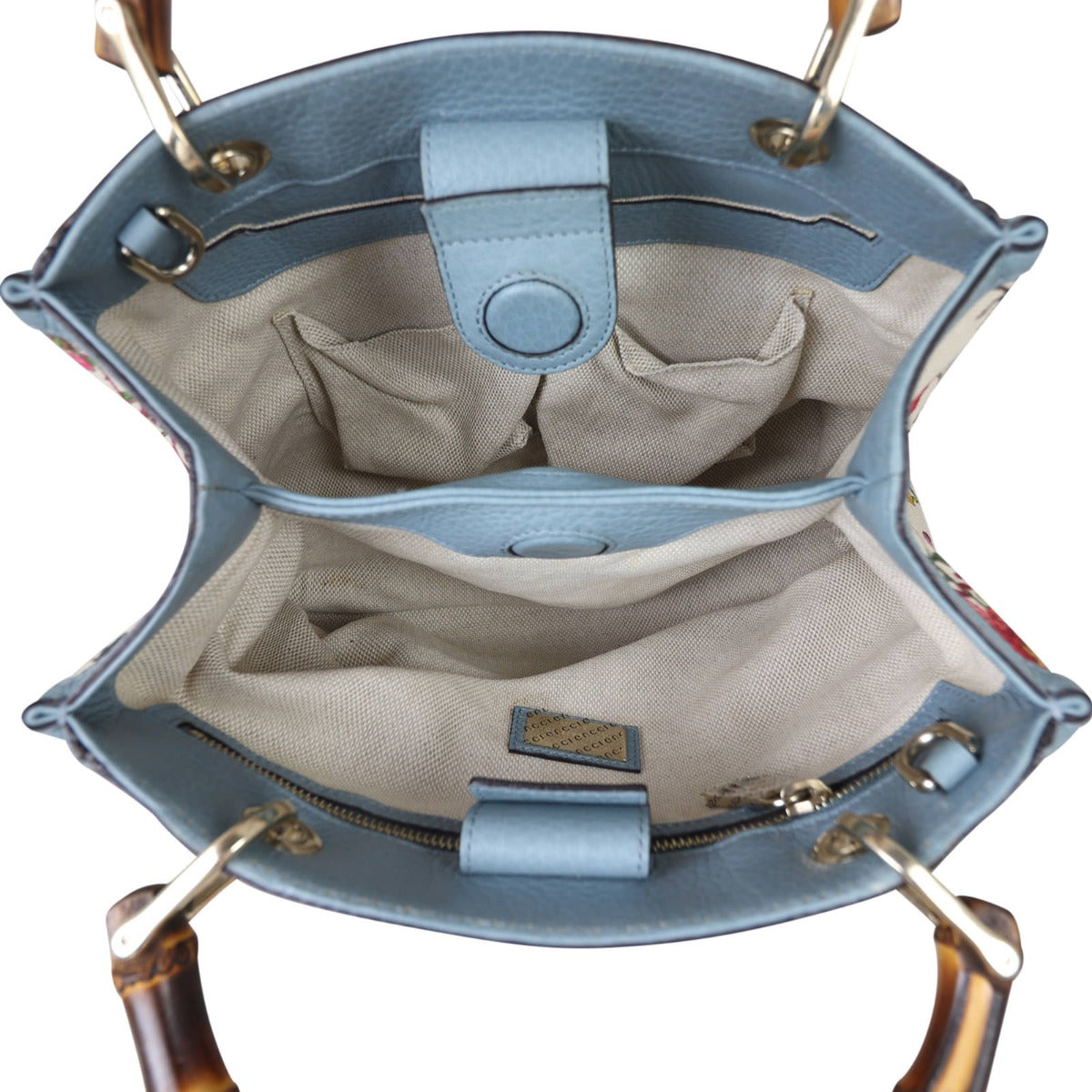 Gucci Bamboo Handle Floral Canvas Tote Interior 