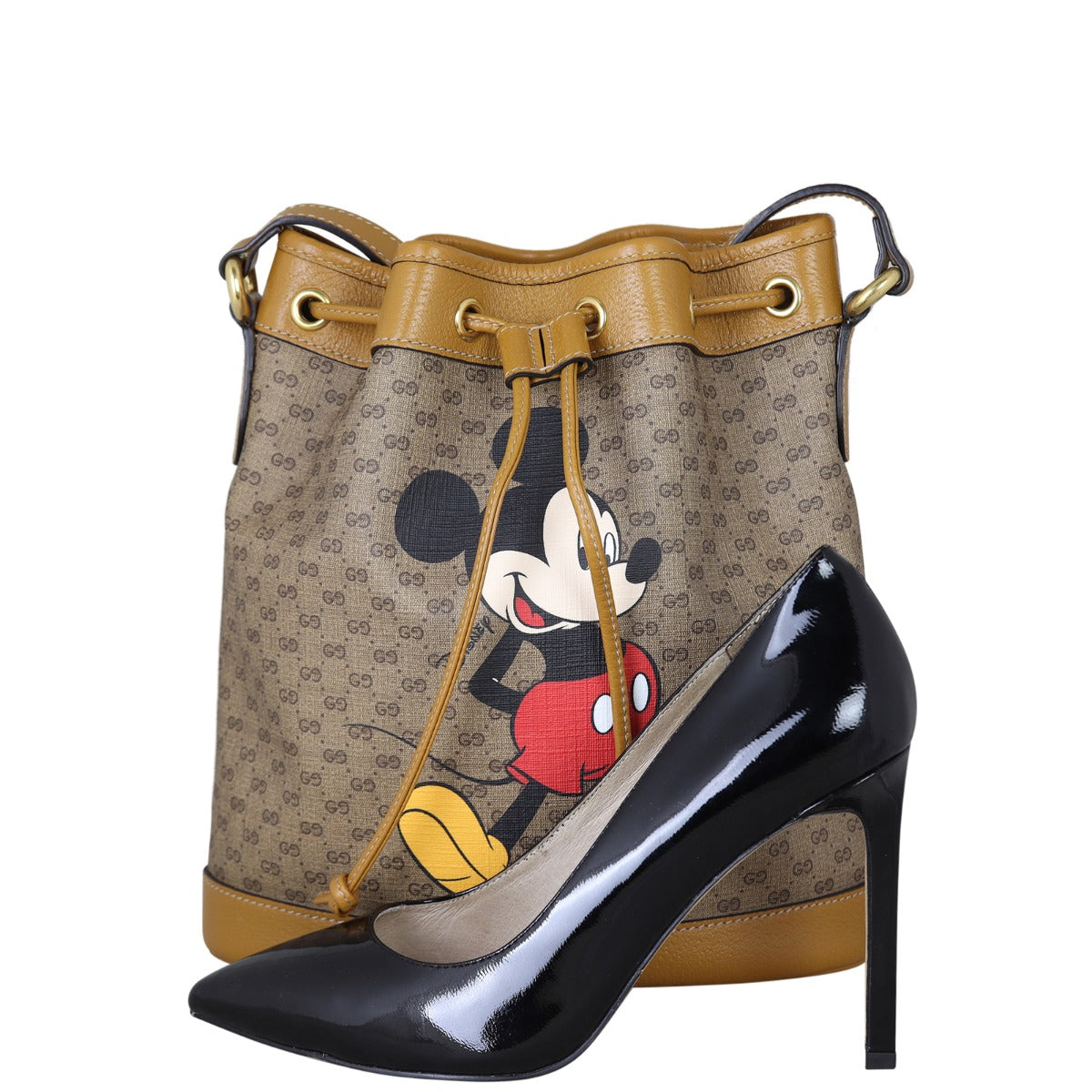 Gucci x Disney Mini GG Supreme Bucket Bag Front with Shoe