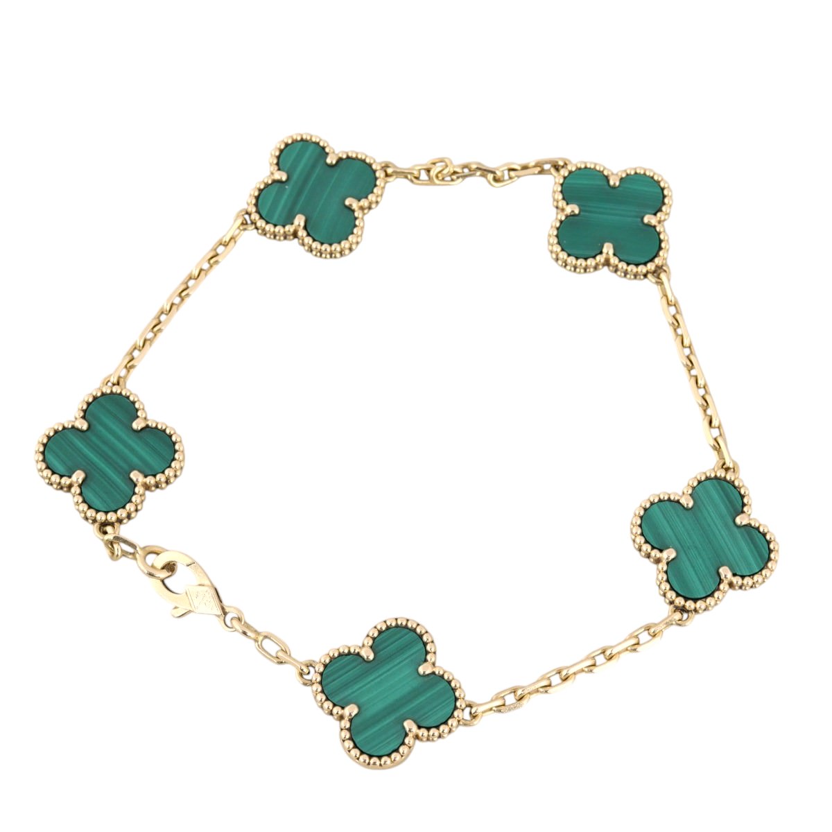 Van Cleef & Arpels Vintage Alhambra 5 Motif Malachite 18k Yellow Gold Bracelet