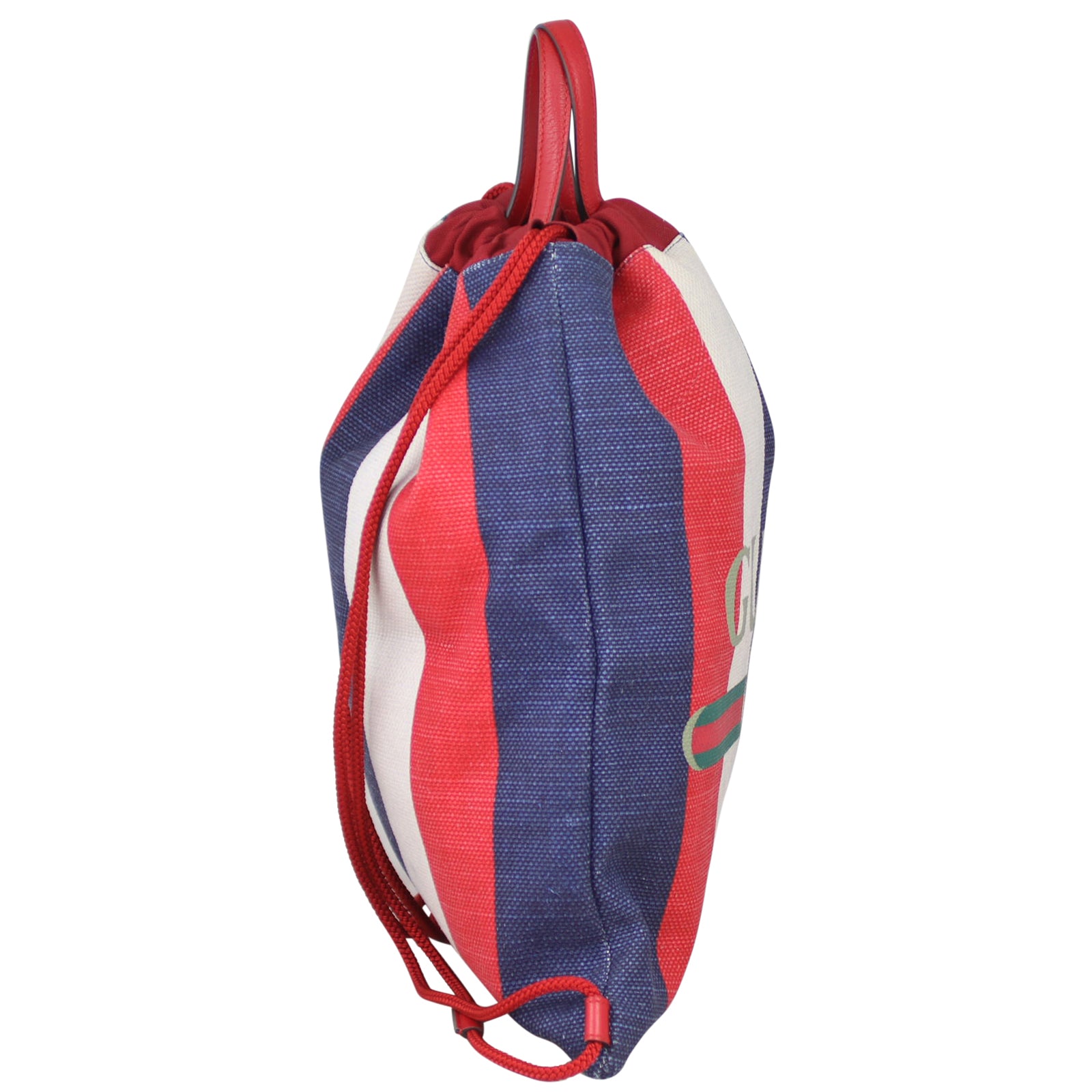 Gucci Striped Canvas Drawstring Backpack Side