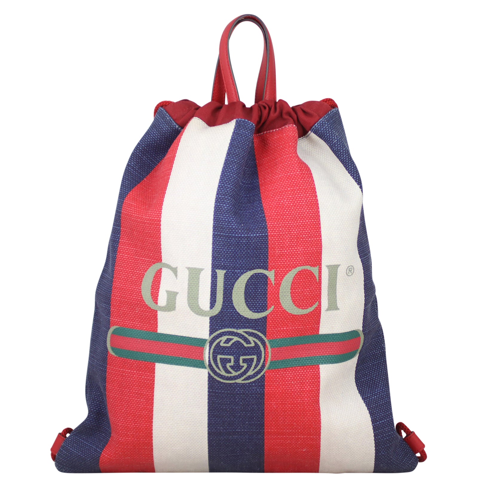 Gucci Striped Canvas Drawstring Backpack Front