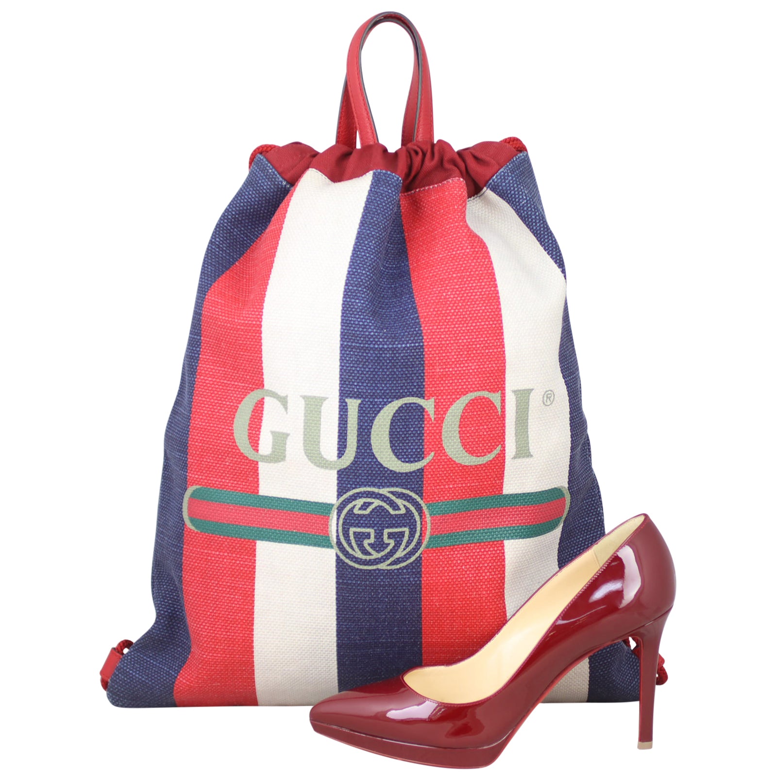 Gucci Striped Canvas Drawstring Backpack Shoe