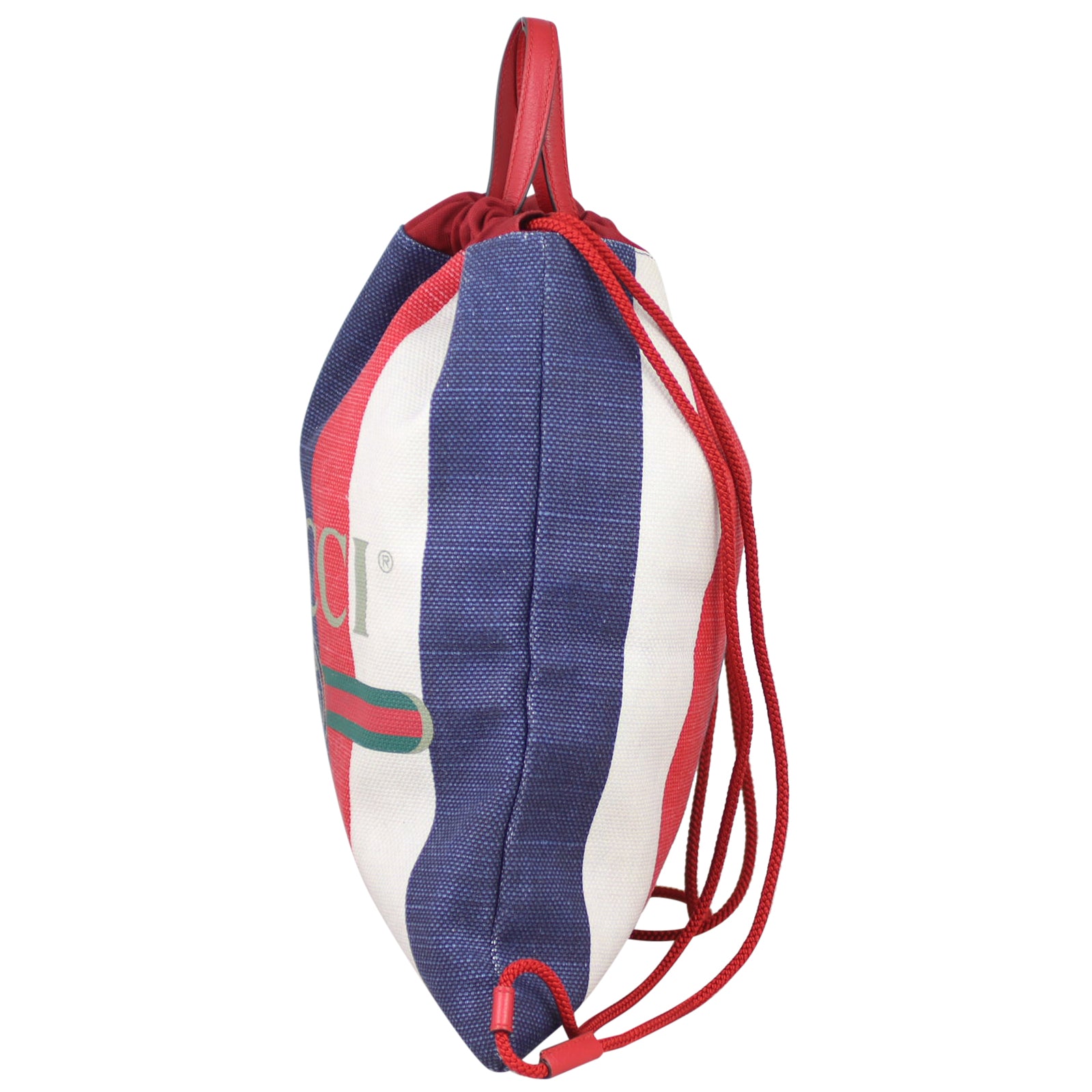 Gucci Striped Canvas Drawstring Backpack Side