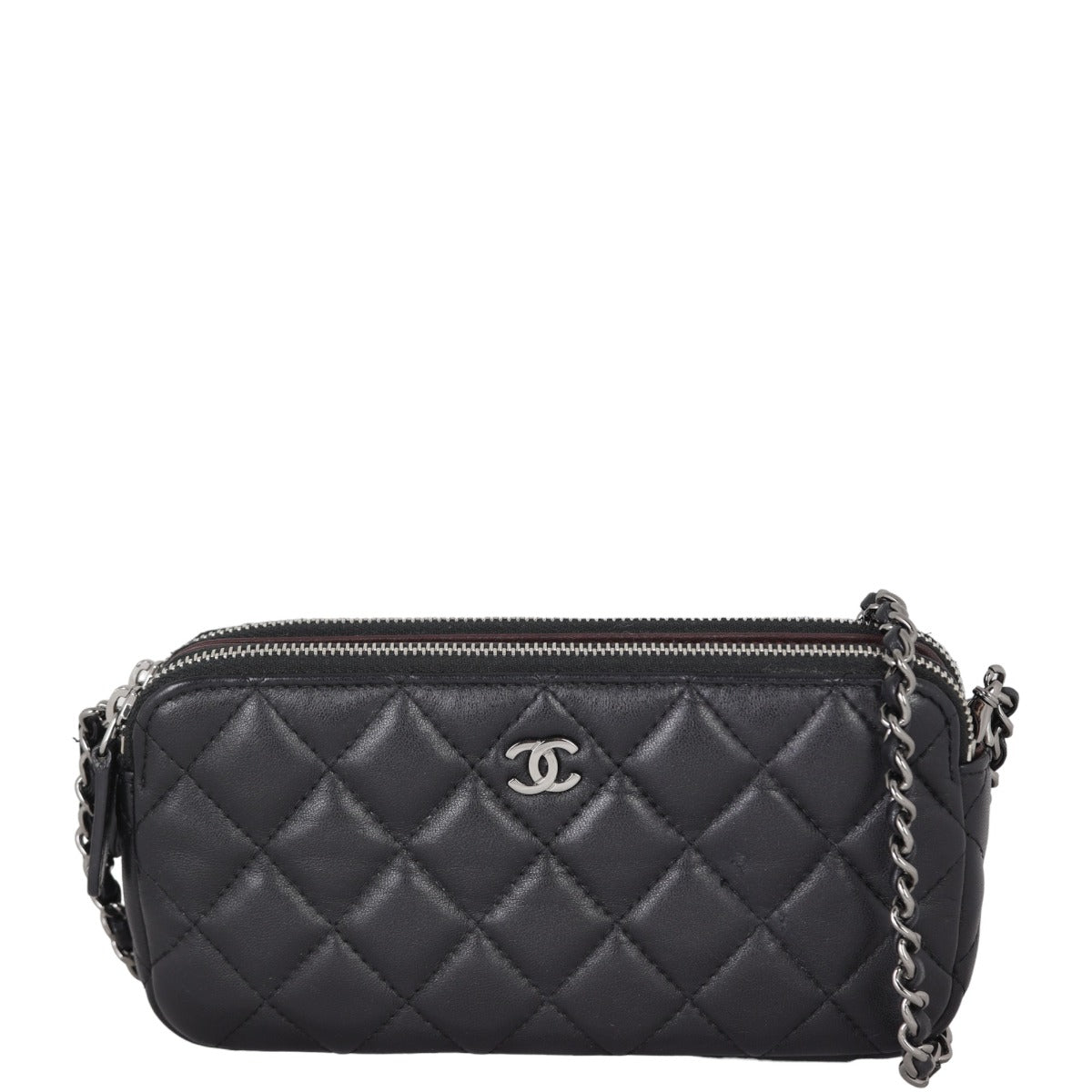 Chanel CC Double Zip Clutch with Chain | Black Lambskin