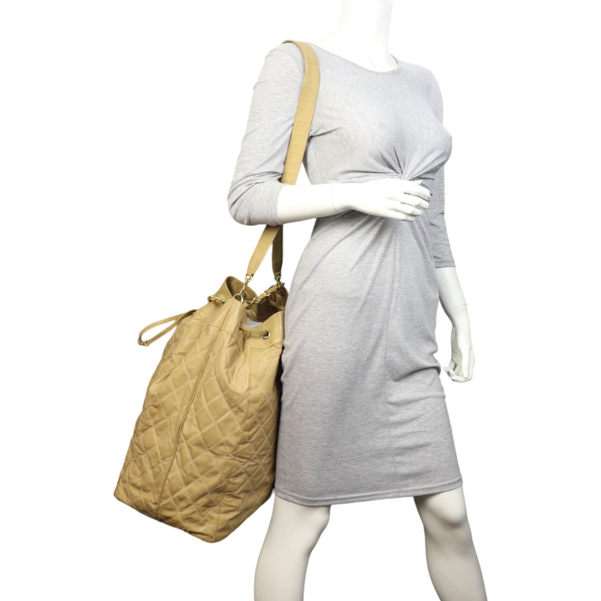 Chanel Quilted CC Drawstring Bucket Bag | Beige