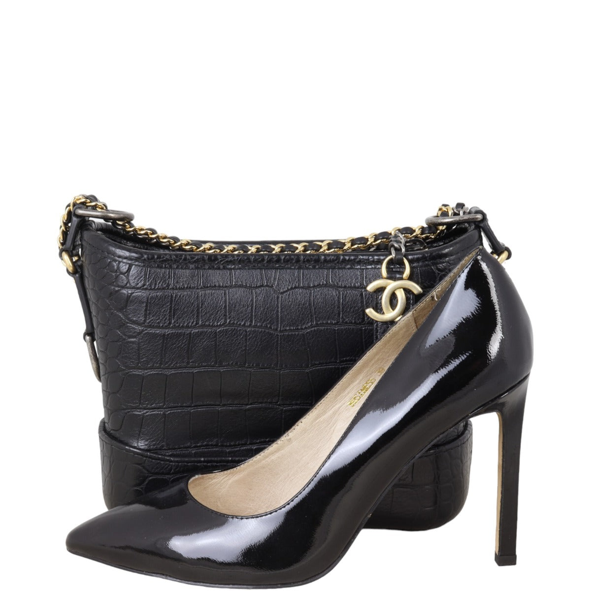 Chanel Gabrielle Hobo Logo Handle Croc Embossed Small