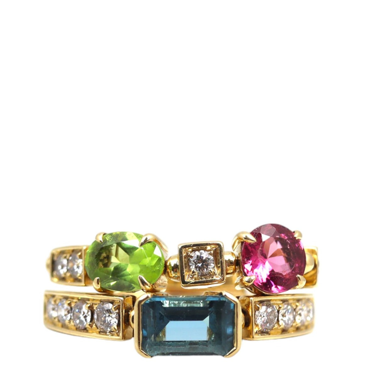 Bvlgari Allegra Two Band 18k Yellow Gold Diamond Multi Gemstone Ring