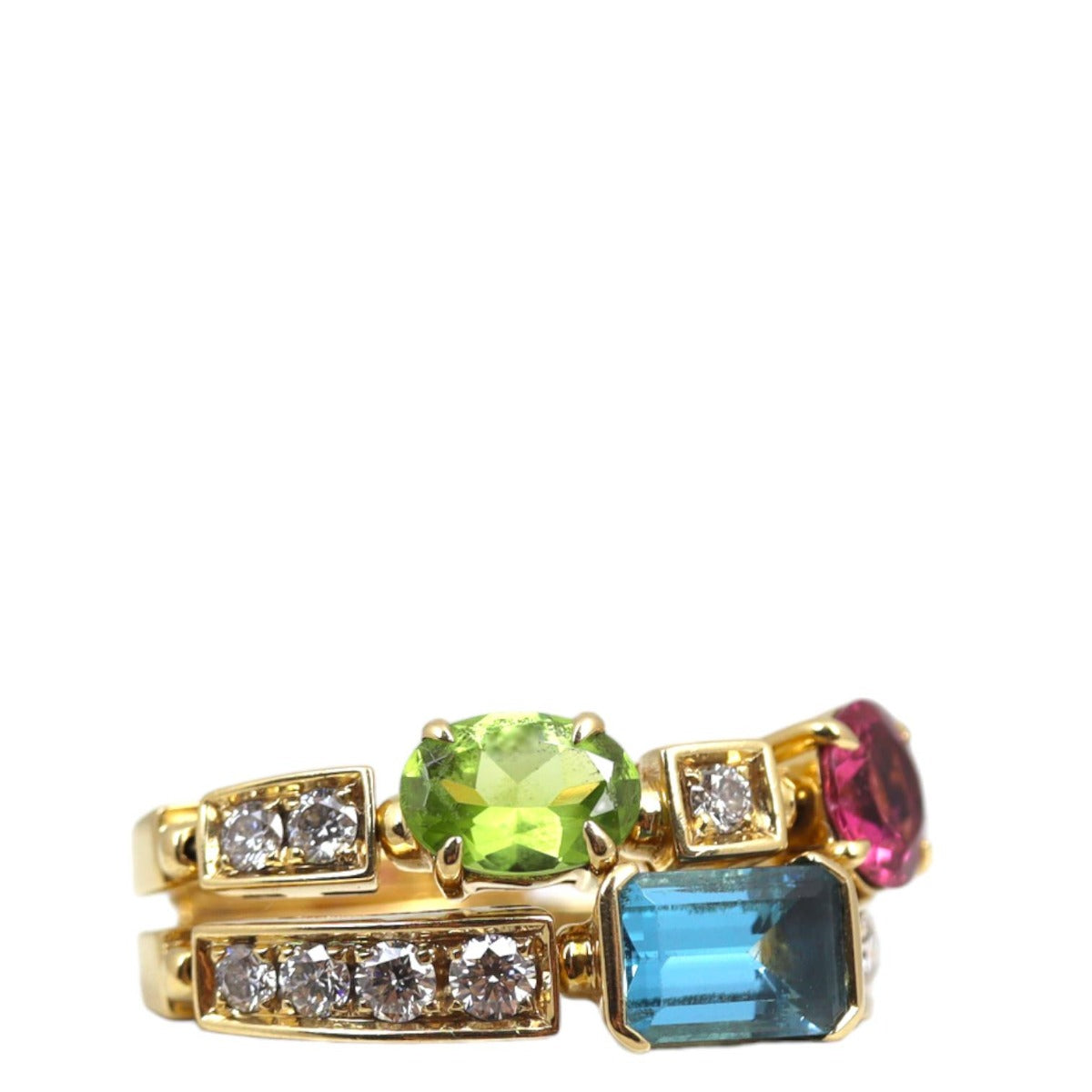 Bvlgari Allegra Two Band 18k Yellow Gold Diamond Multi Gemstone Ring
