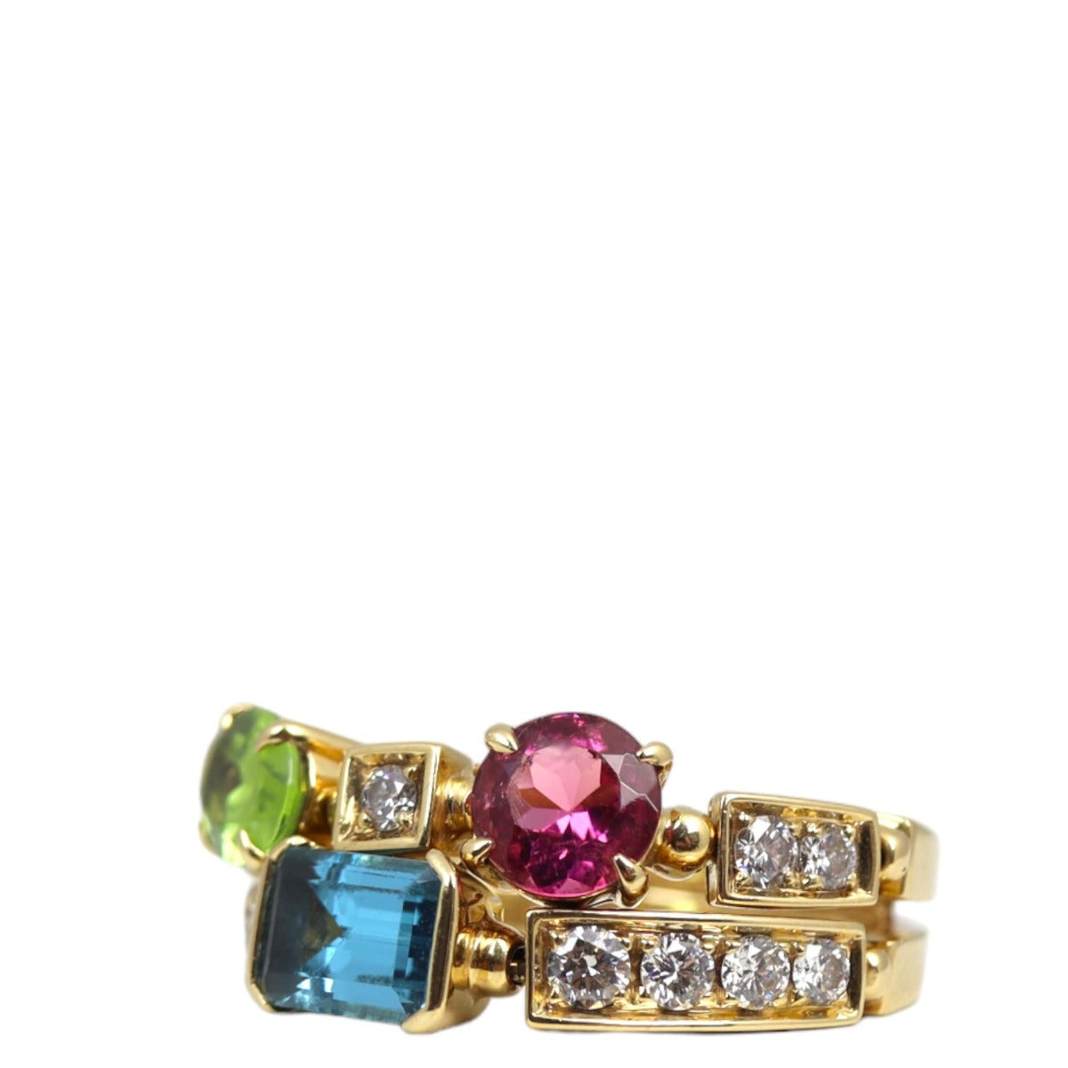 Bvlgari Allegra Two Band 18k Yellow Gold Diamond Multi Gemstone Ring