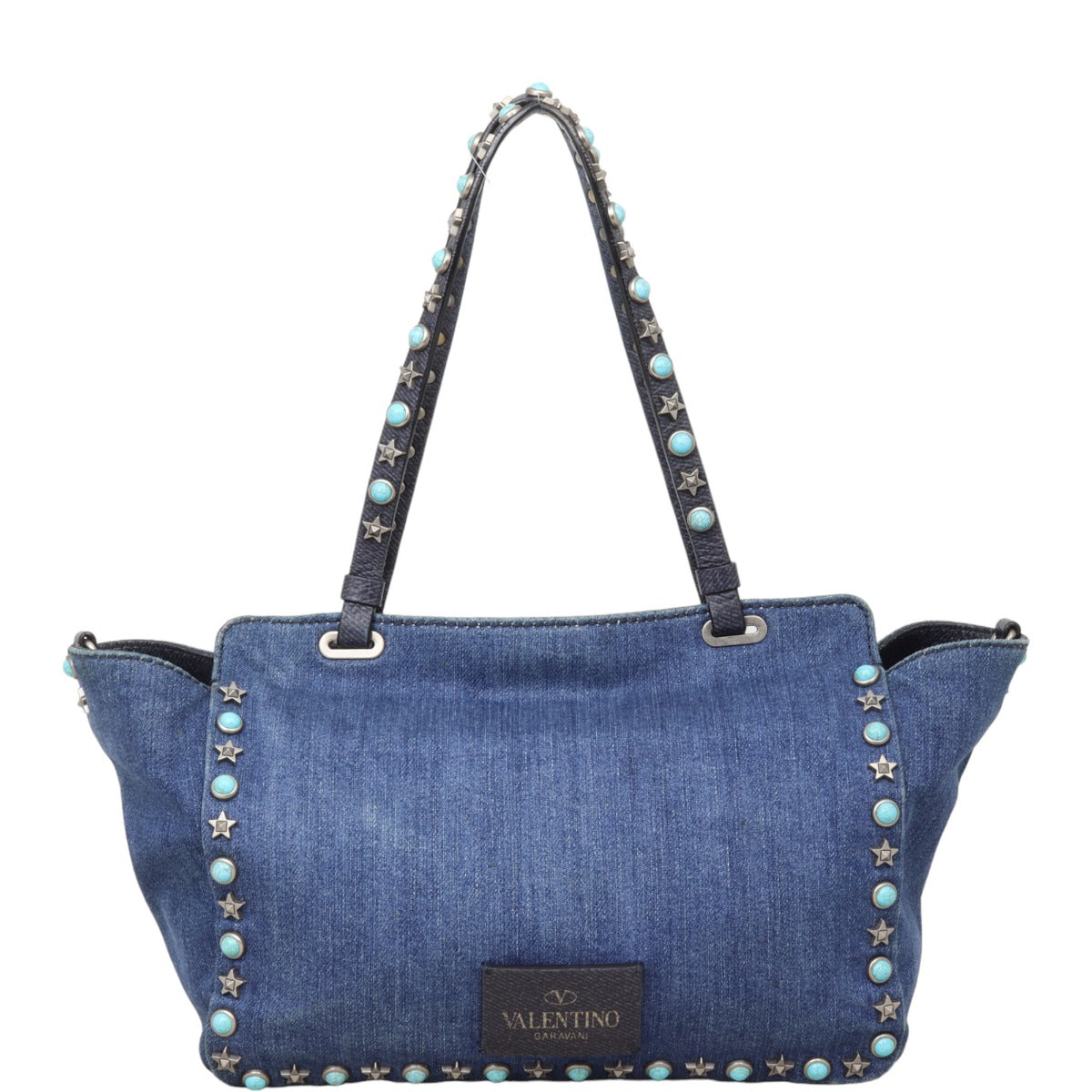 Valentino Rolling Rockstud Tote Small Denim