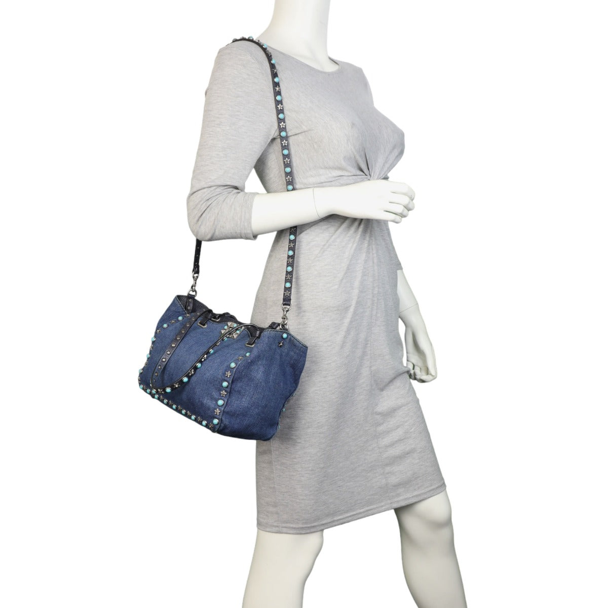 Valentino Rolling Rockstud Tote Small Denim