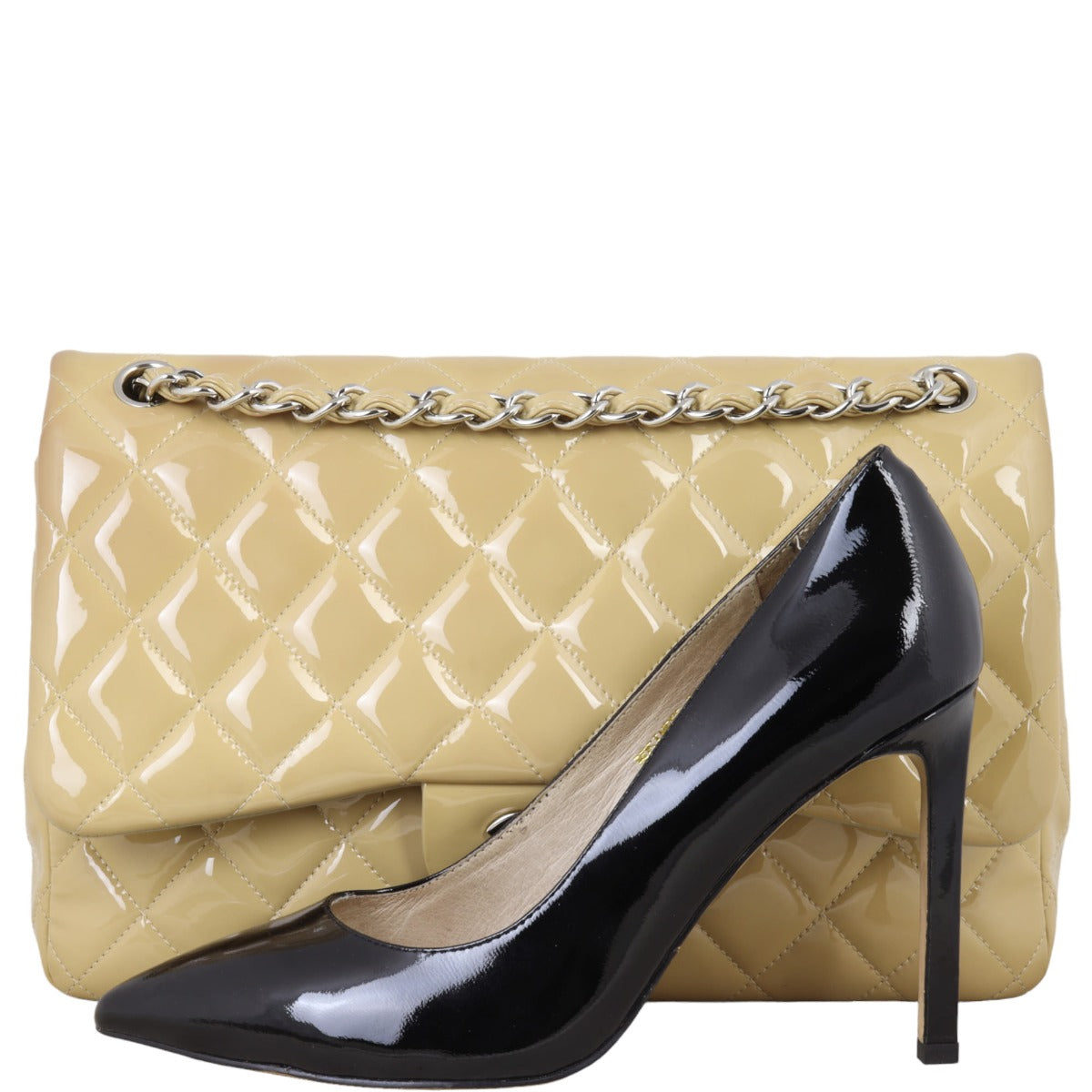 Chanel Classic Double Flap Jumbo Patent | Beige