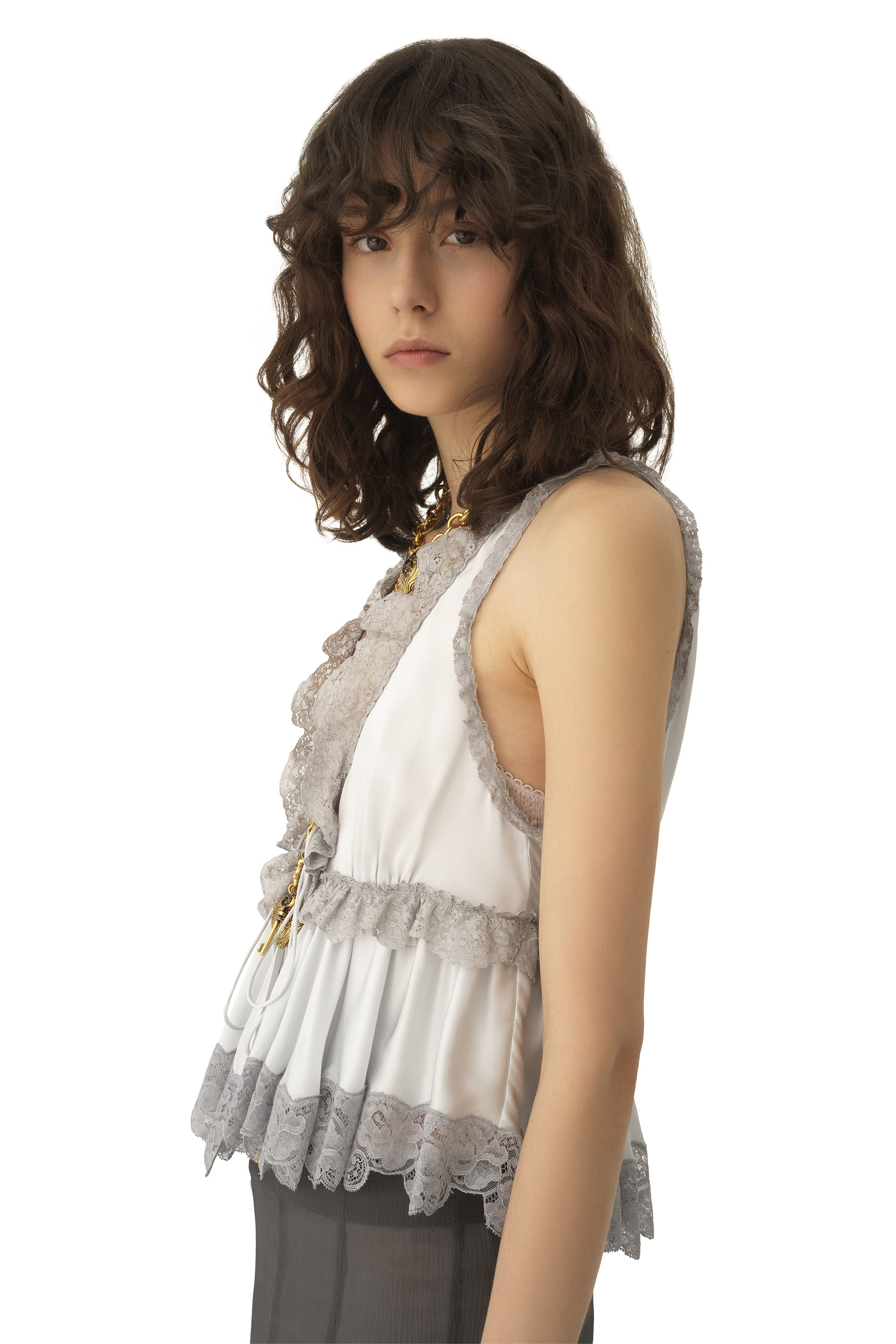  Tie-Front Sleeveless Top in Washed Silk Satin  Lace