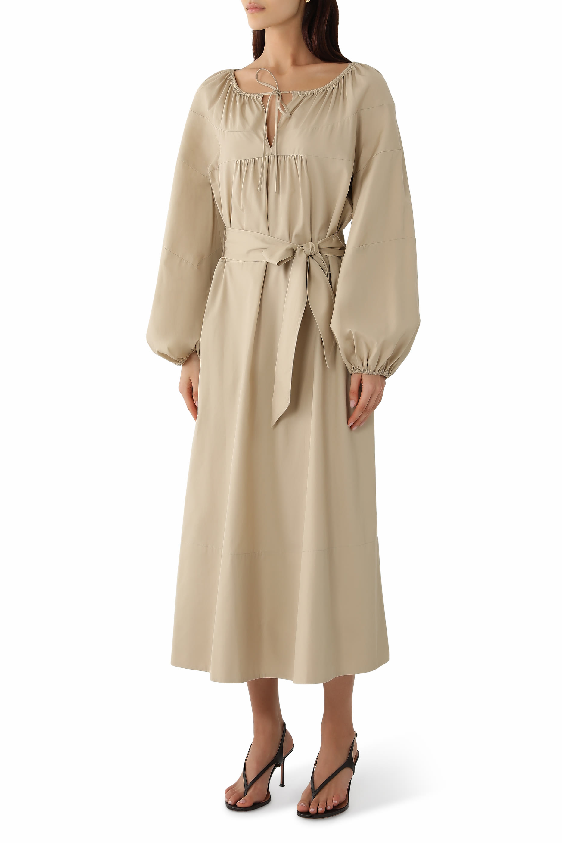 Shirred Cotton Belted Tie-Neck Dress