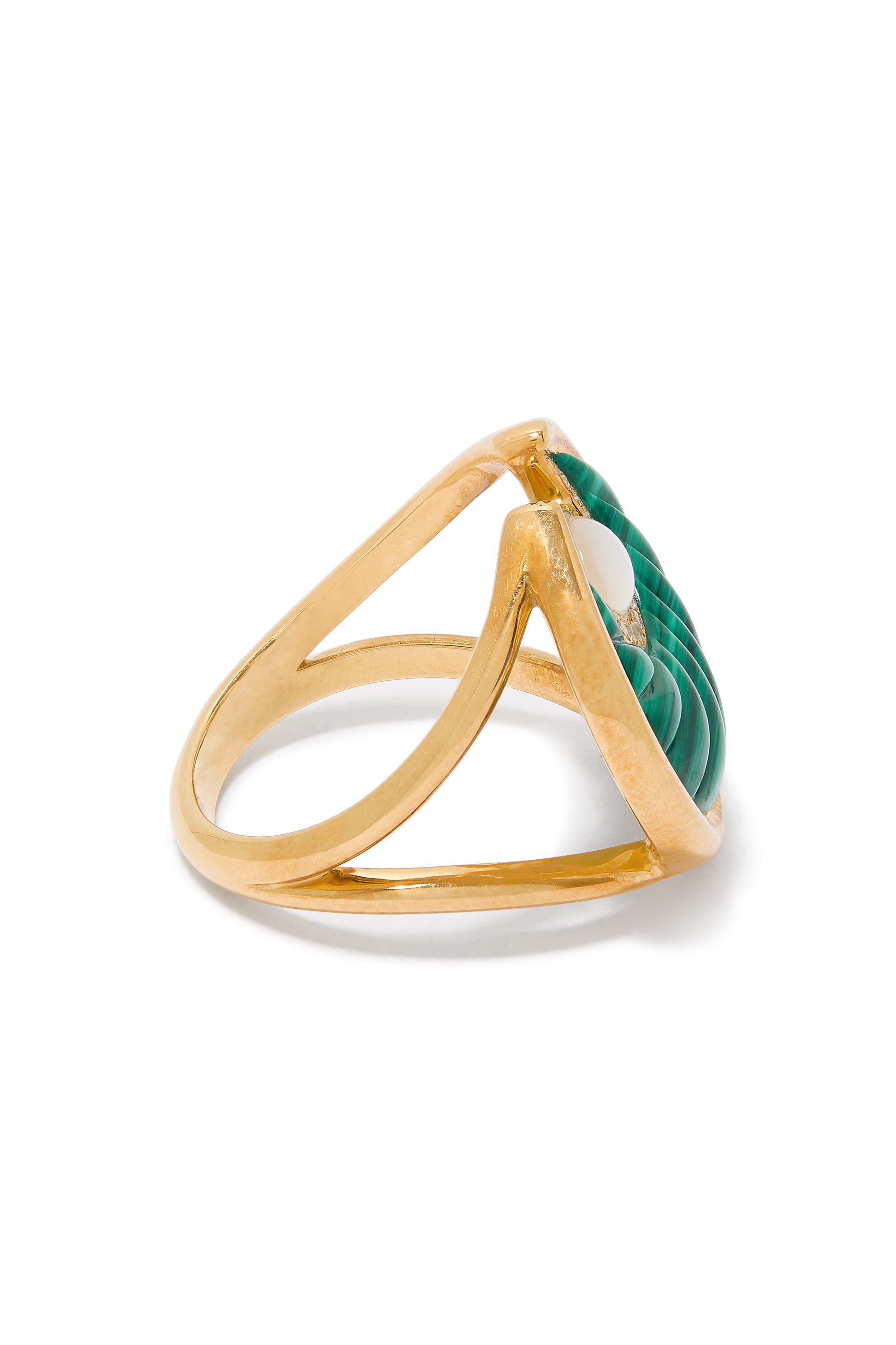 Circus Moon Ring, 18K Yellow Gold, with Diamonds, Malachite  Mother of Pearl 