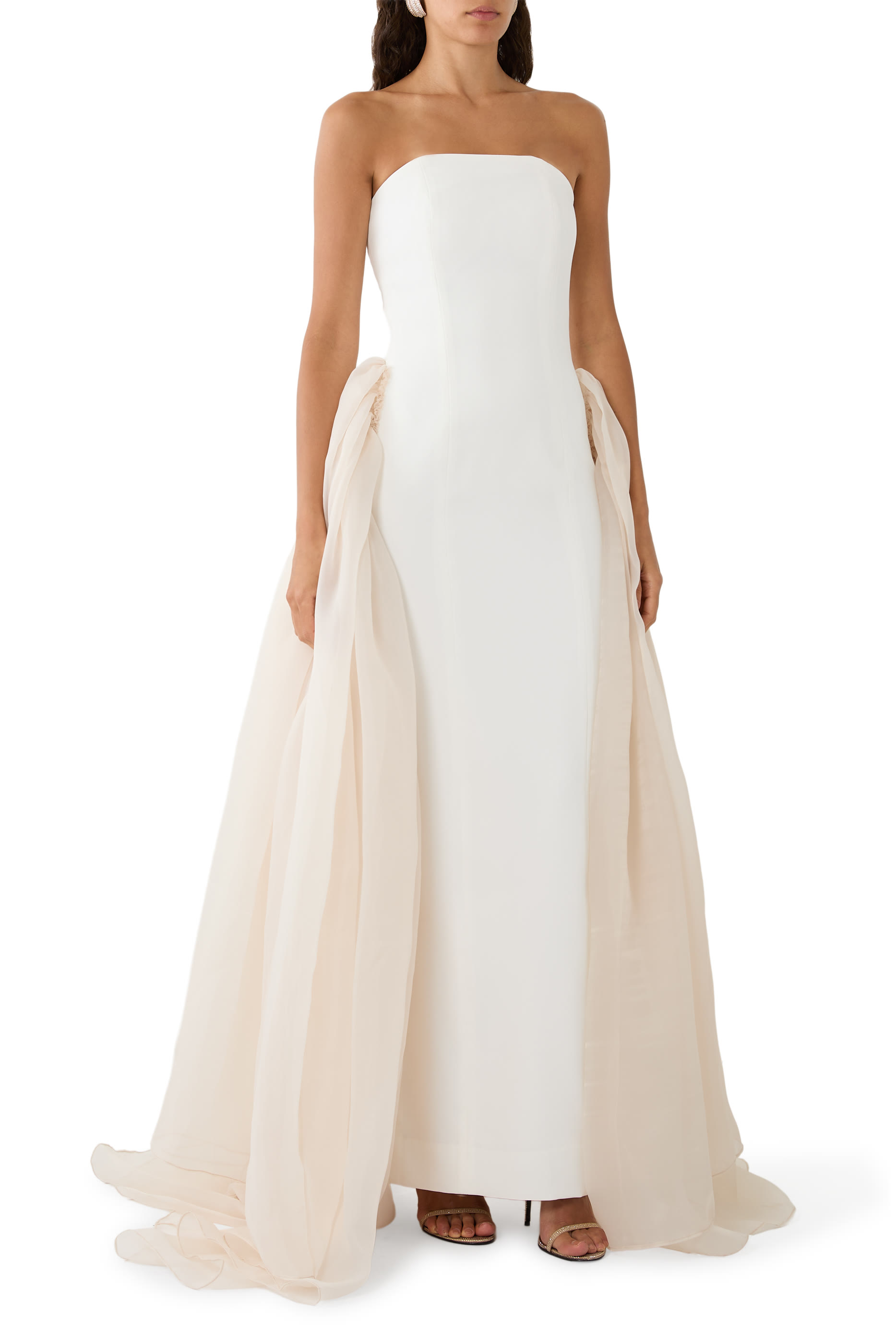 Organza Side Trains Strapless Gown