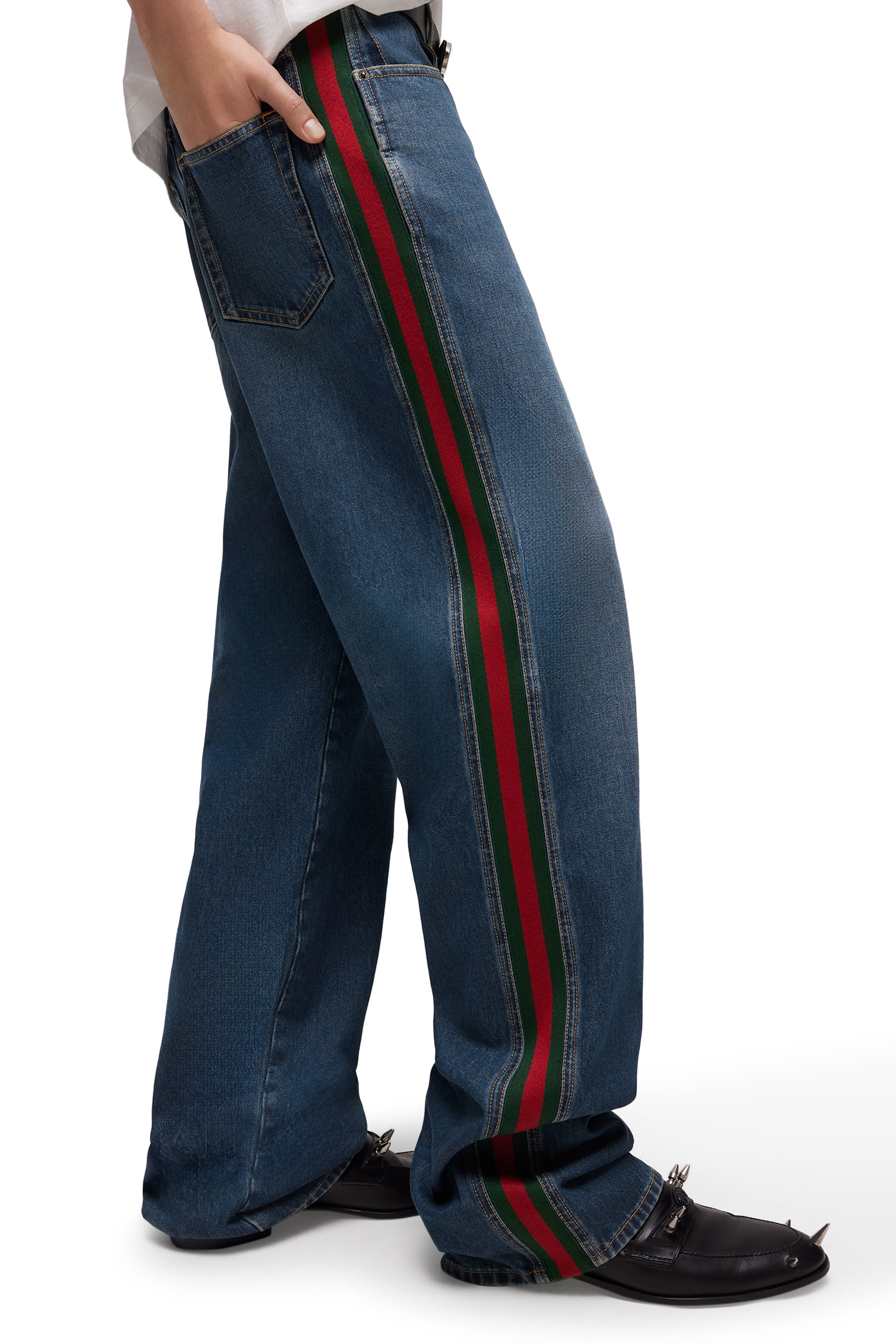 Cotton Denim Pants With Web Insert