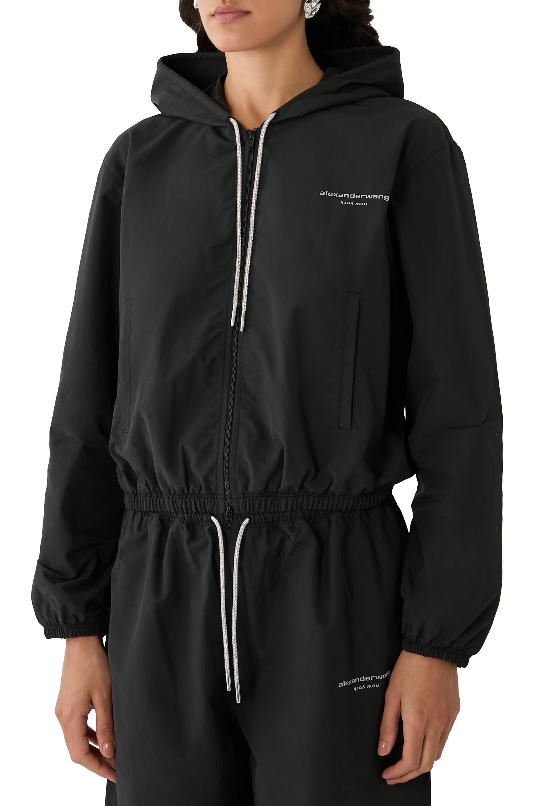 Cropped Zip-Up Hoodie with Crystal Drawcord