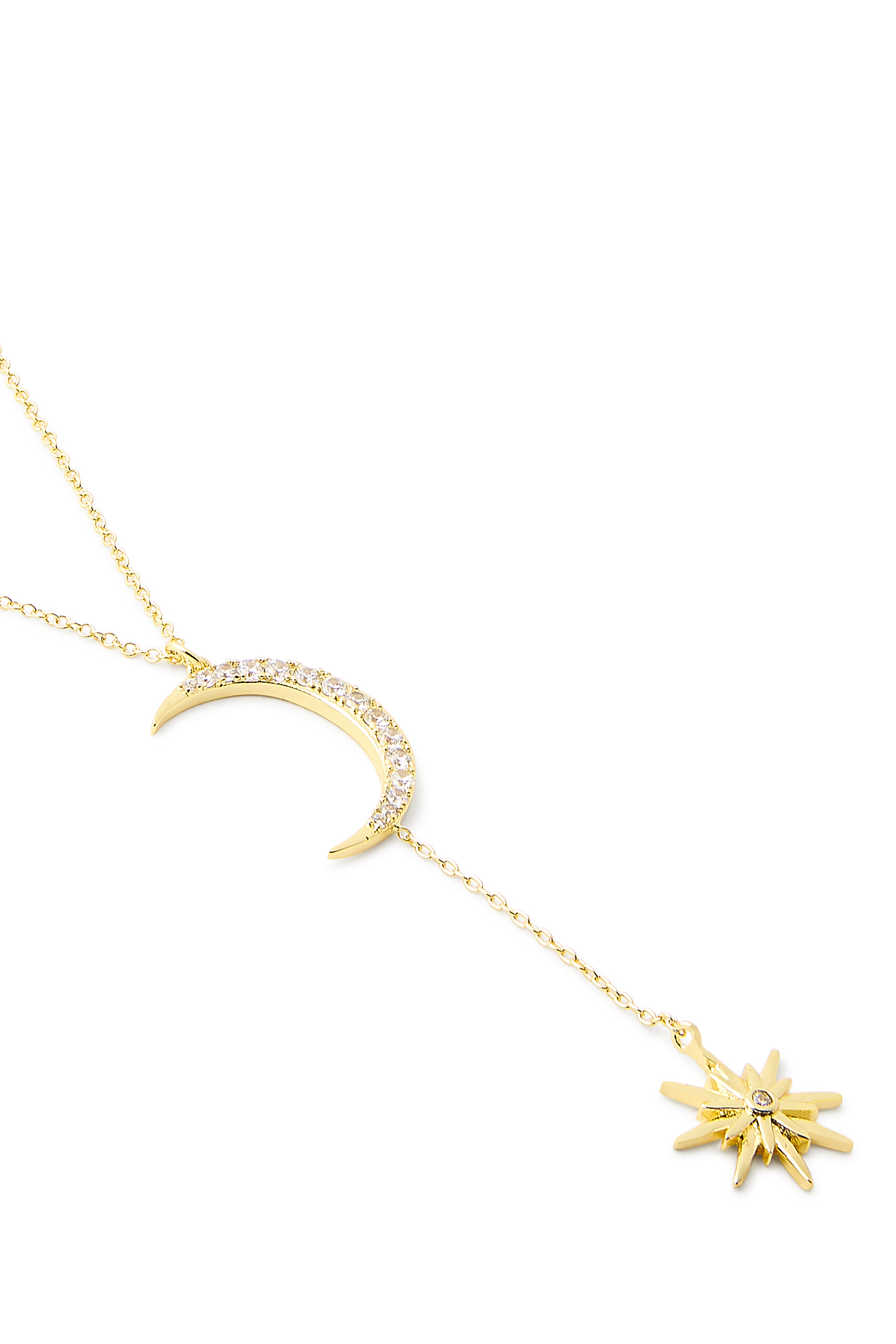 Celestial Moon and Star Necklace, Yellow Gold Plated Brass  Cubic Zirconia